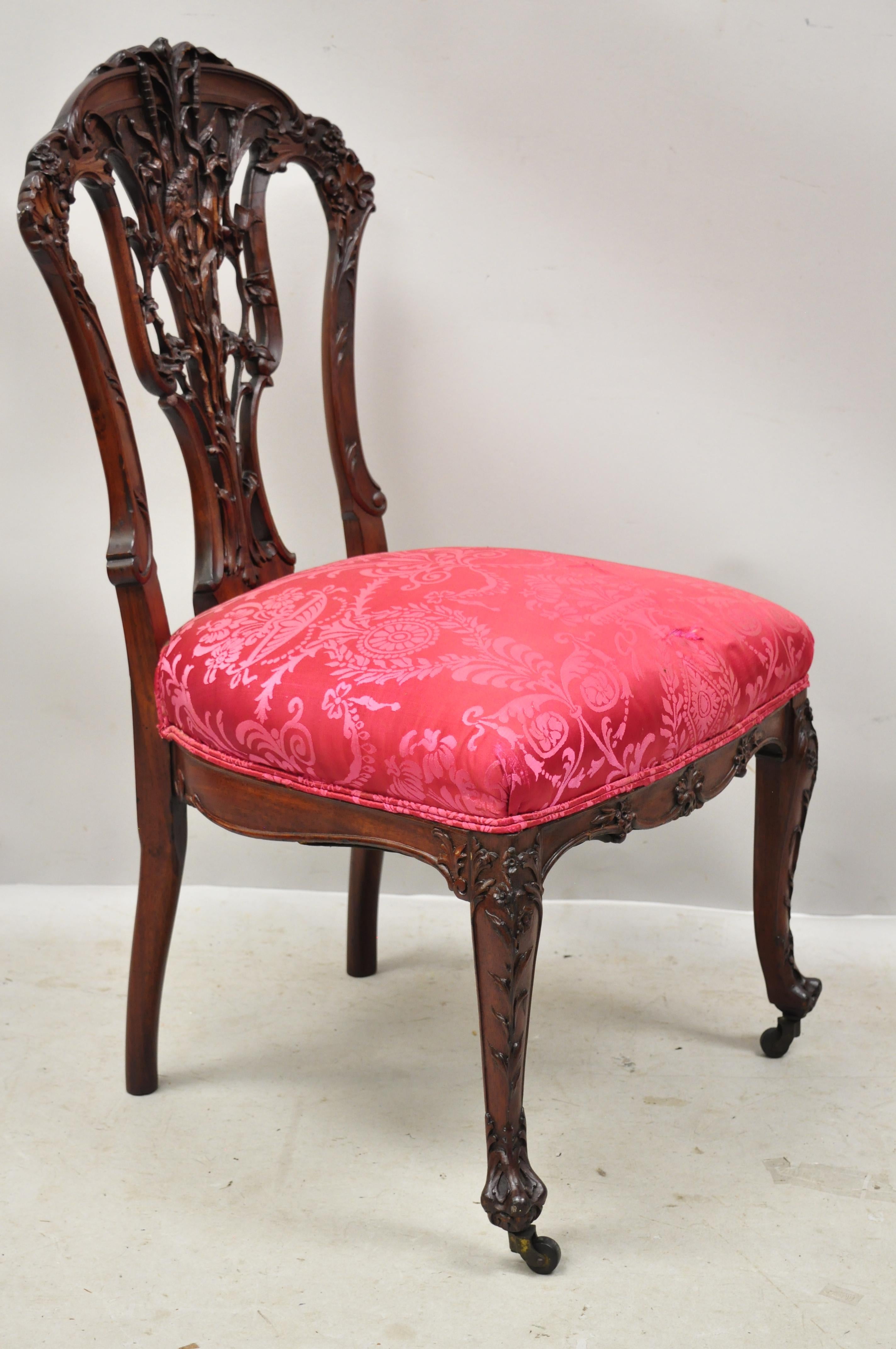 Antique French Art Nouveau Bird and Flower Carved Mahogany Accent Side Chair 7