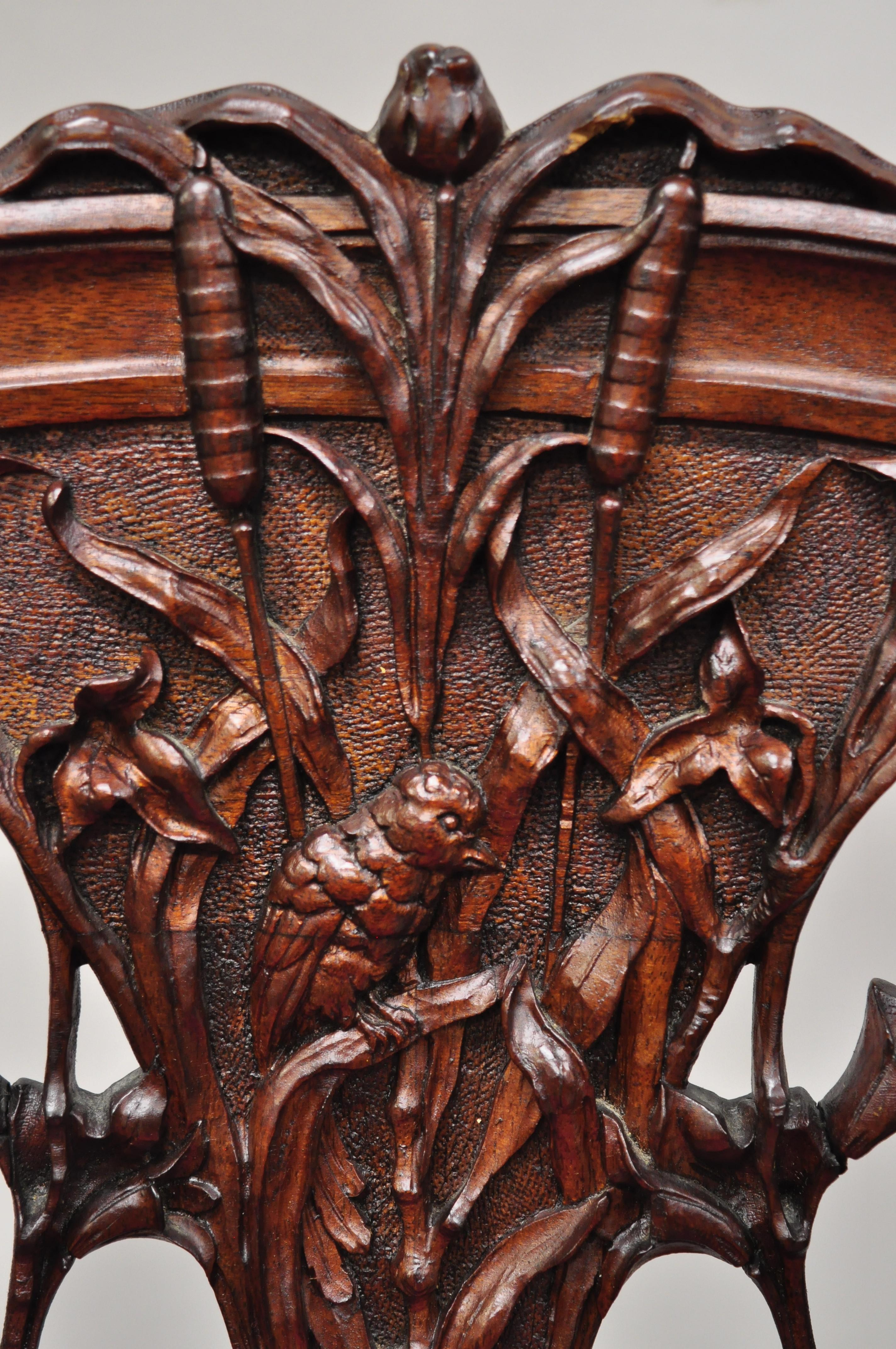 Antique French Art Nouveau Bird and Flower Carved Mahogany Accent Side Chair In Good Condition In Philadelphia, PA