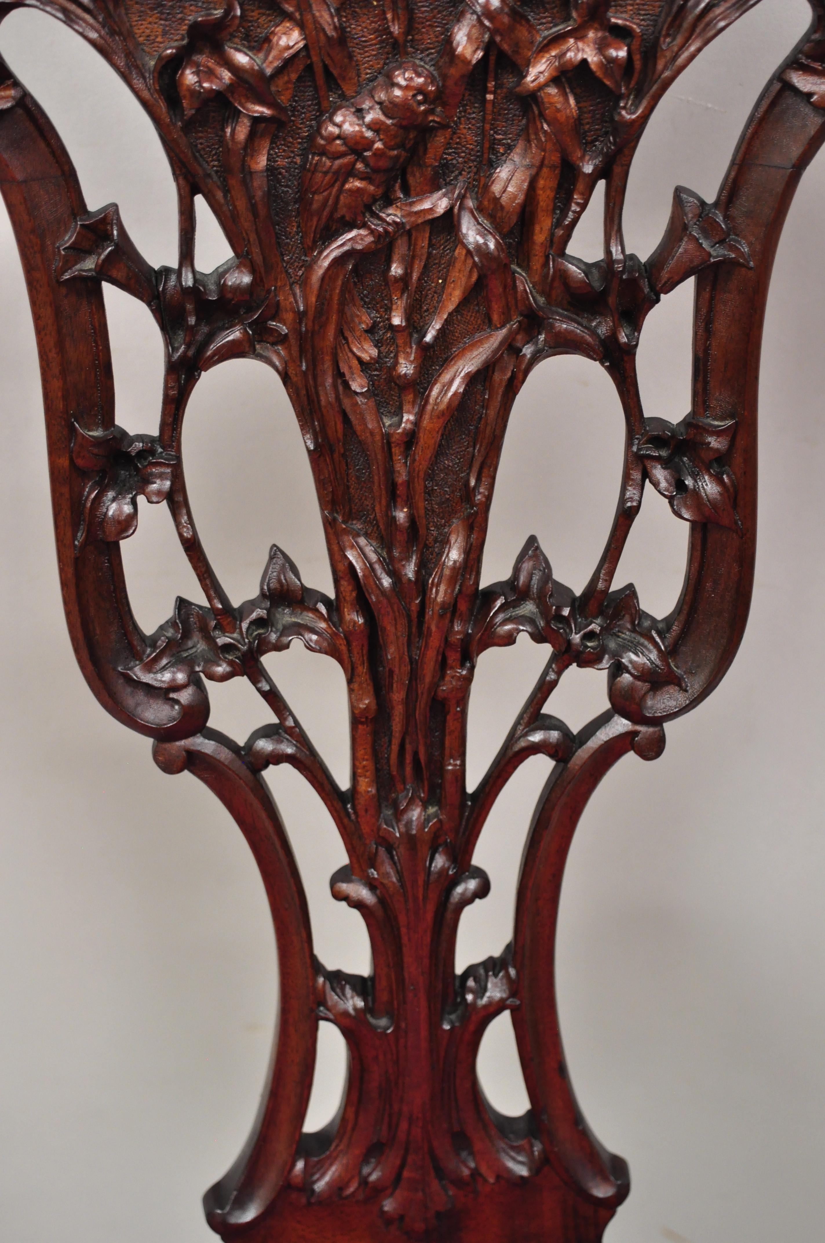 20th Century Antique French Art Nouveau Bird and Flower Carved Mahogany Accent Side Chair