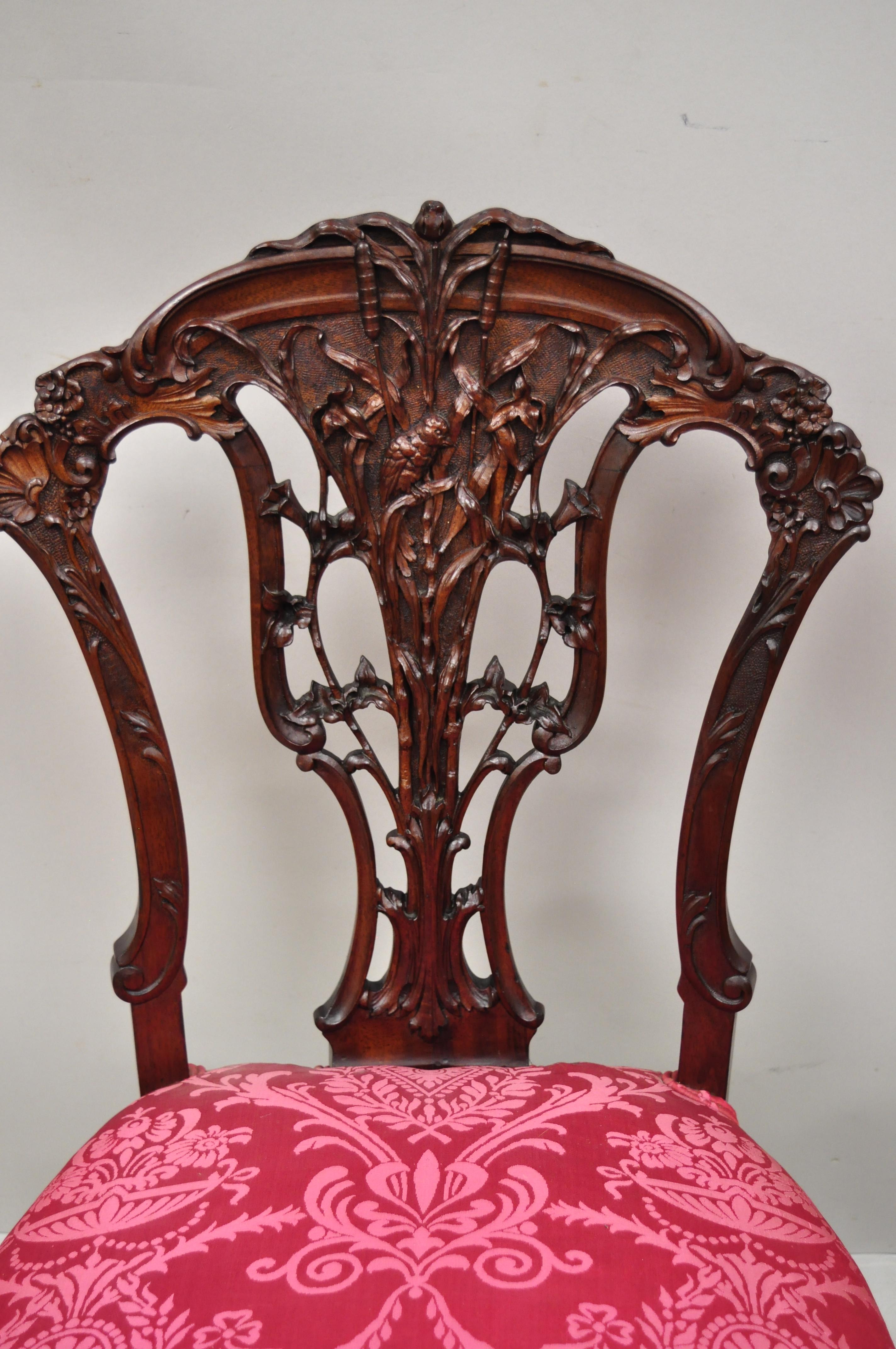 Antique French Art Nouveau Bird and Flower Carved Mahogany Accent Side Chair 1