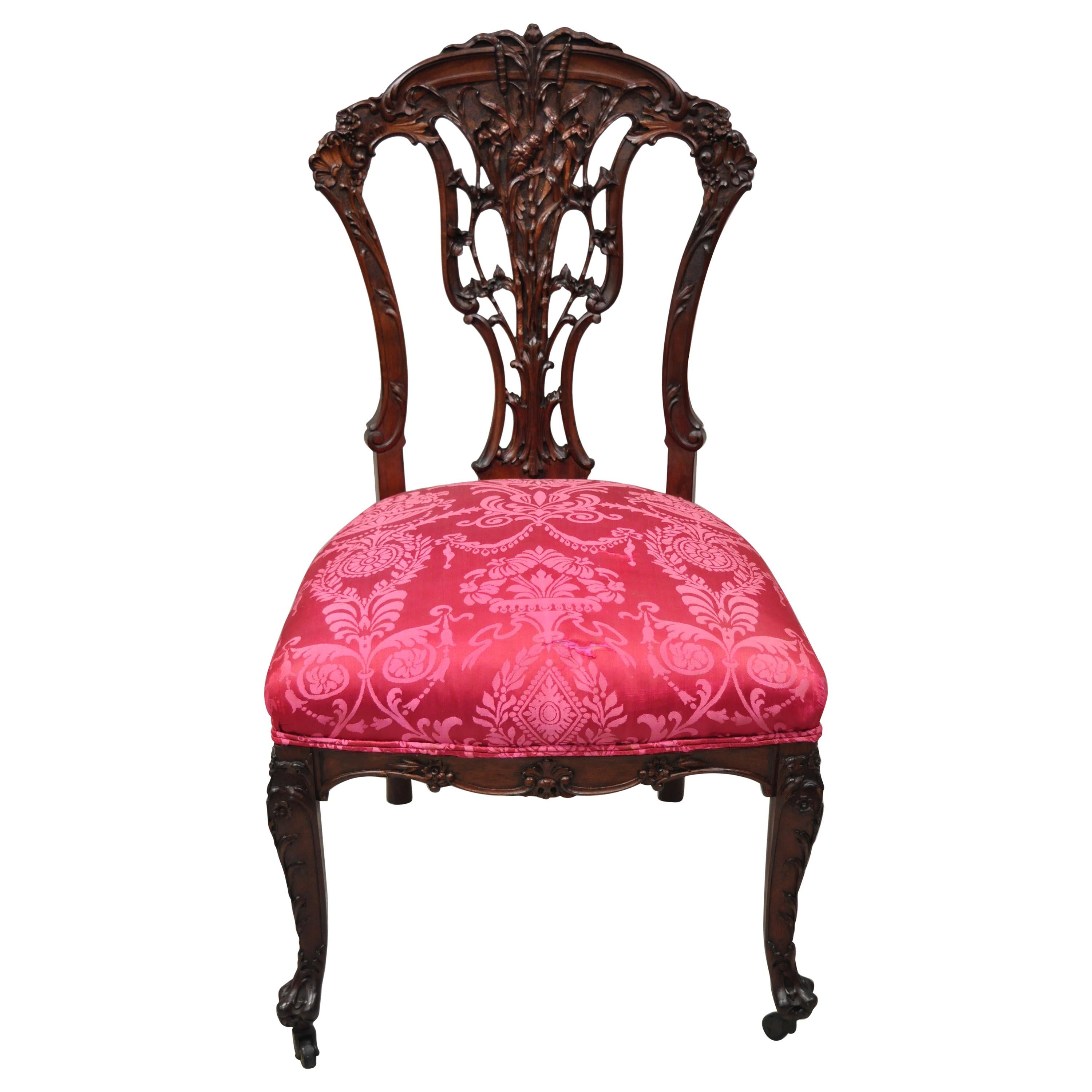 Antique French Art Nouveau Bird and Flower Carved Mahogany Accent Side Chair