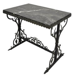 Antique French Art Nouveau Black Marble-Top Wrought Iron Floral Side Table