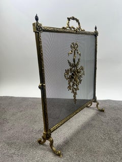 Antique French Art Nouveau Brass Firescreen with Floral & Ribbon Bouquet