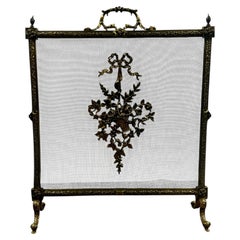 Antique French Art Nouveau Brass Firescreen with Floral & Ribbon Bouquet