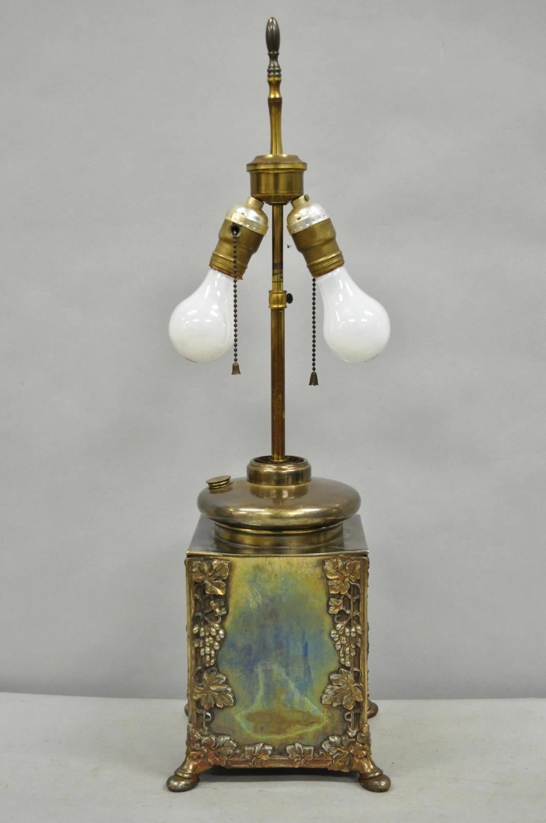 Antique French Art Nouveau Brass Maple Leaf Converted Oil Lamp Table Lamp For Sale 7