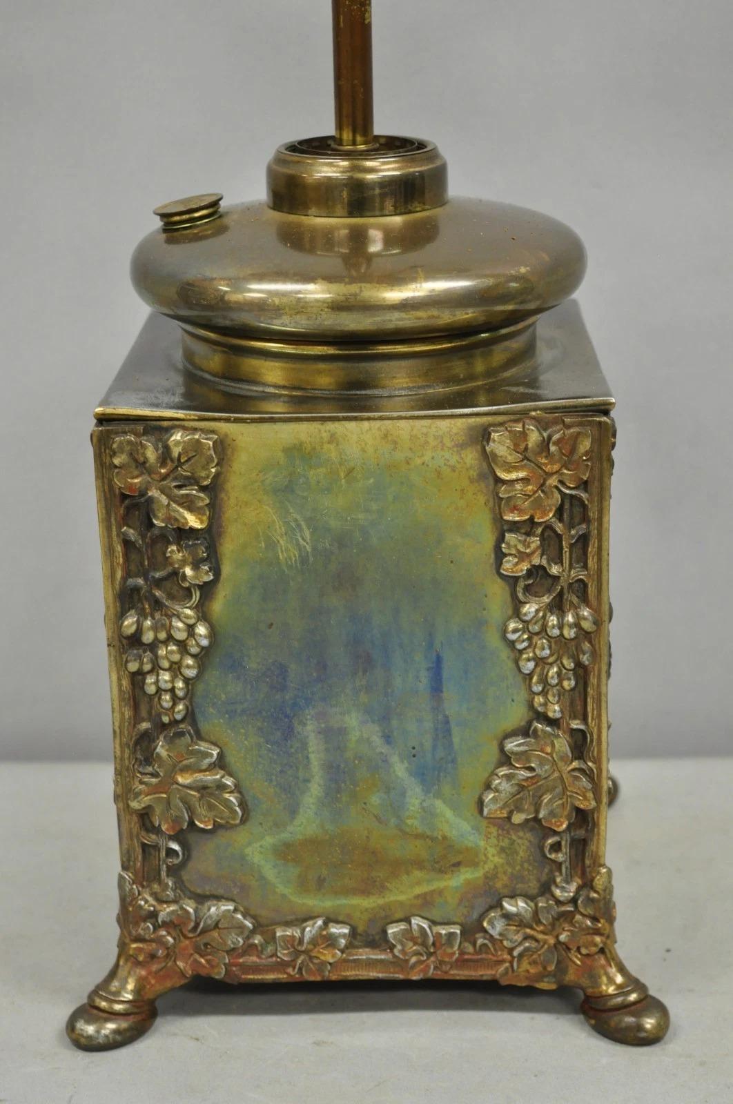 Unknown Antique French Art Nouveau Brass Maple Leaf Converted Oil Lamp Table Lamp For Sale