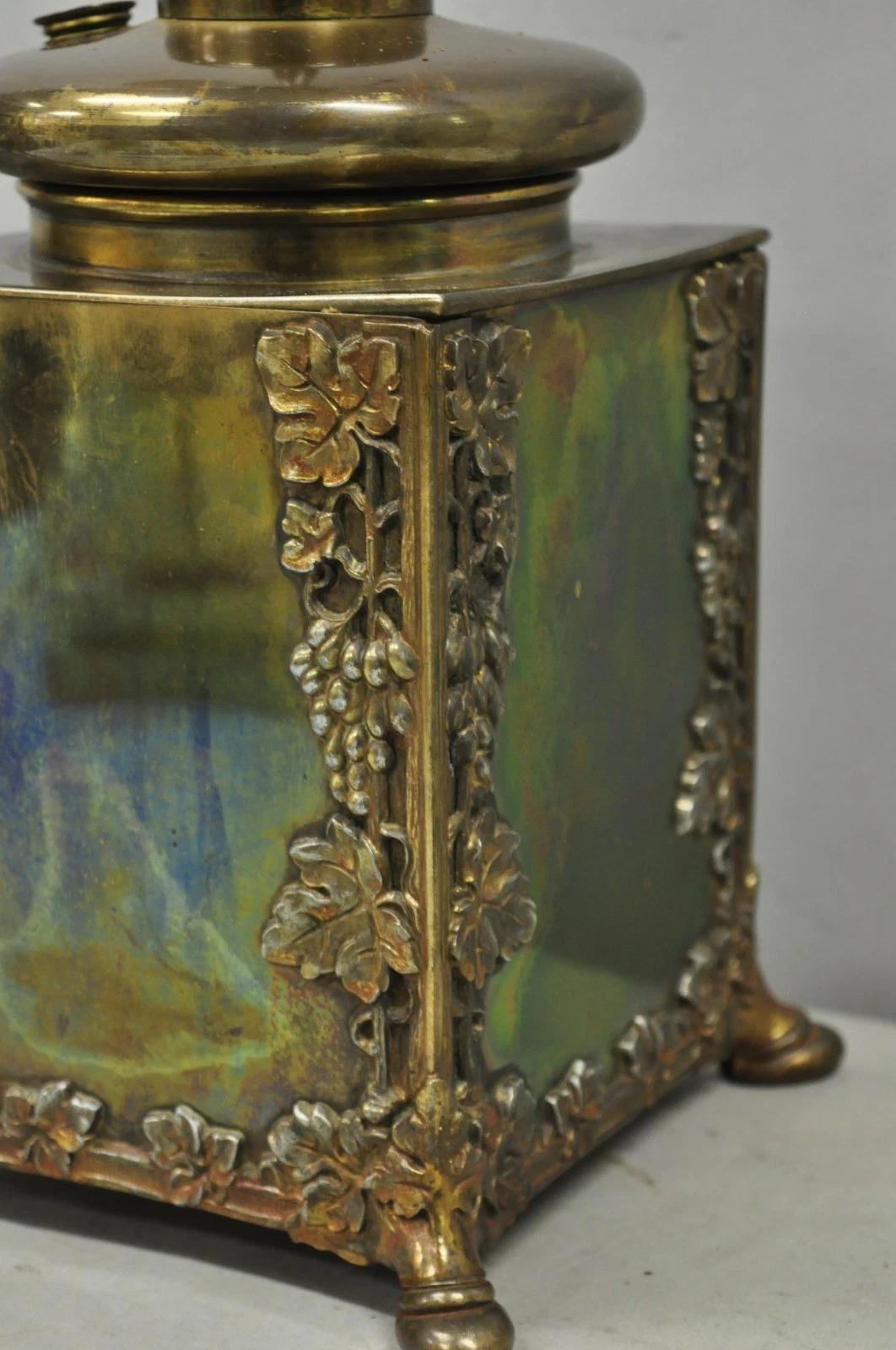 Antique French Art Nouveau Brass Maple Leaf Converted Oil Lamp Table Lamp In Good Condition For Sale In Philadelphia, PA