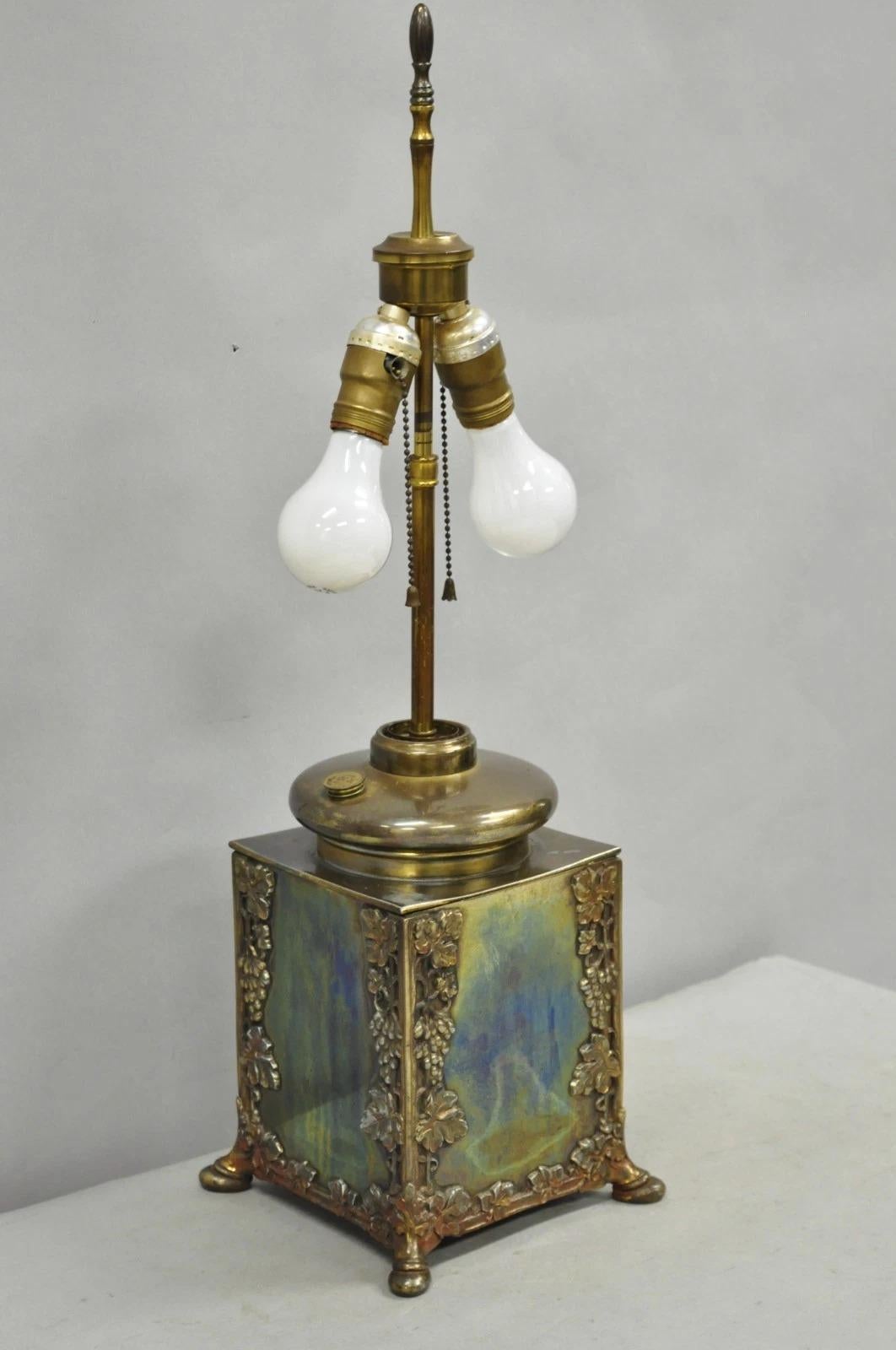 20th Century Antique French Art Nouveau Brass Maple Leaf Converted Oil Lamp Table Lamp For Sale