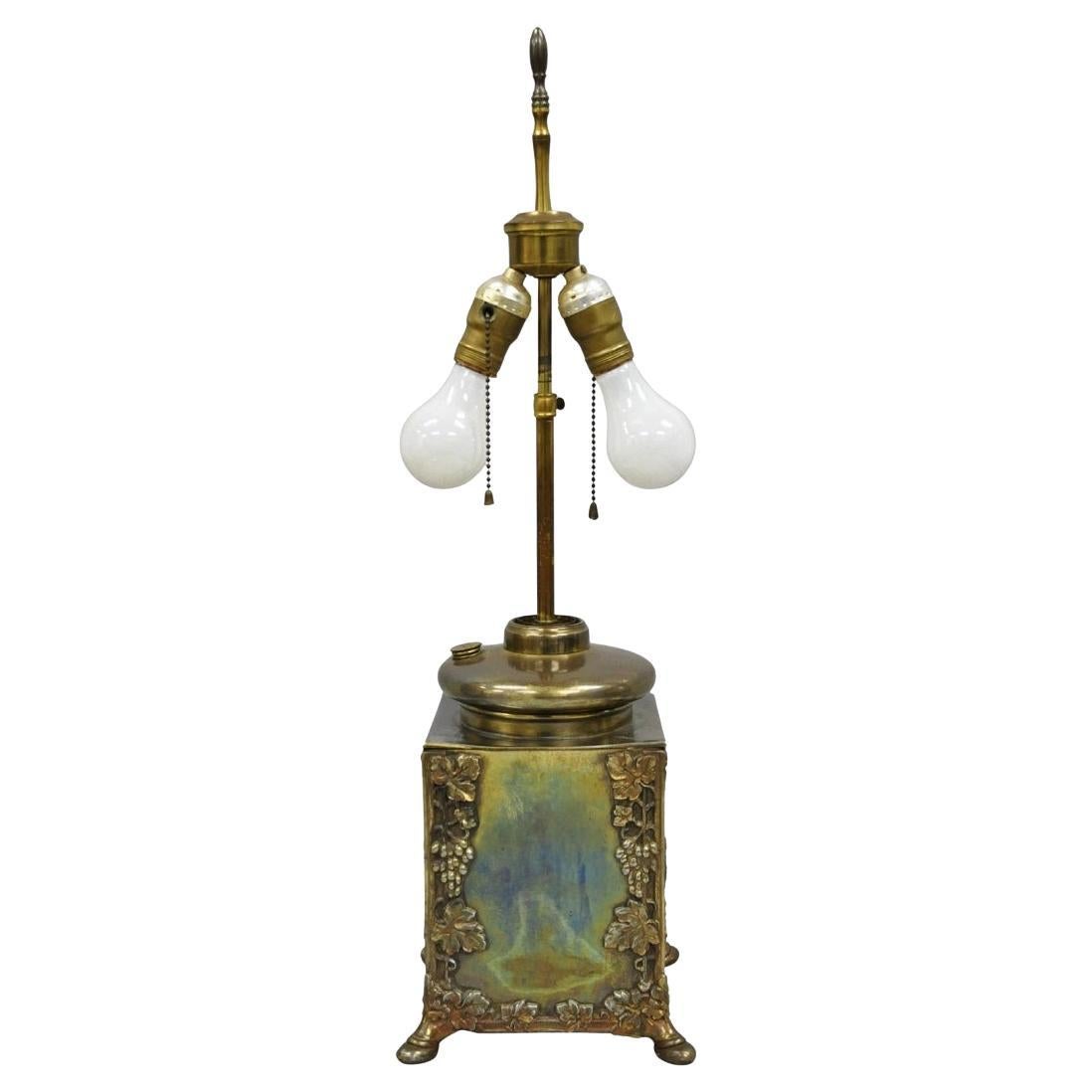 Antique French Art Nouveau Brass Maple Leaf Converted Oil Lamp Table Lamp For Sale