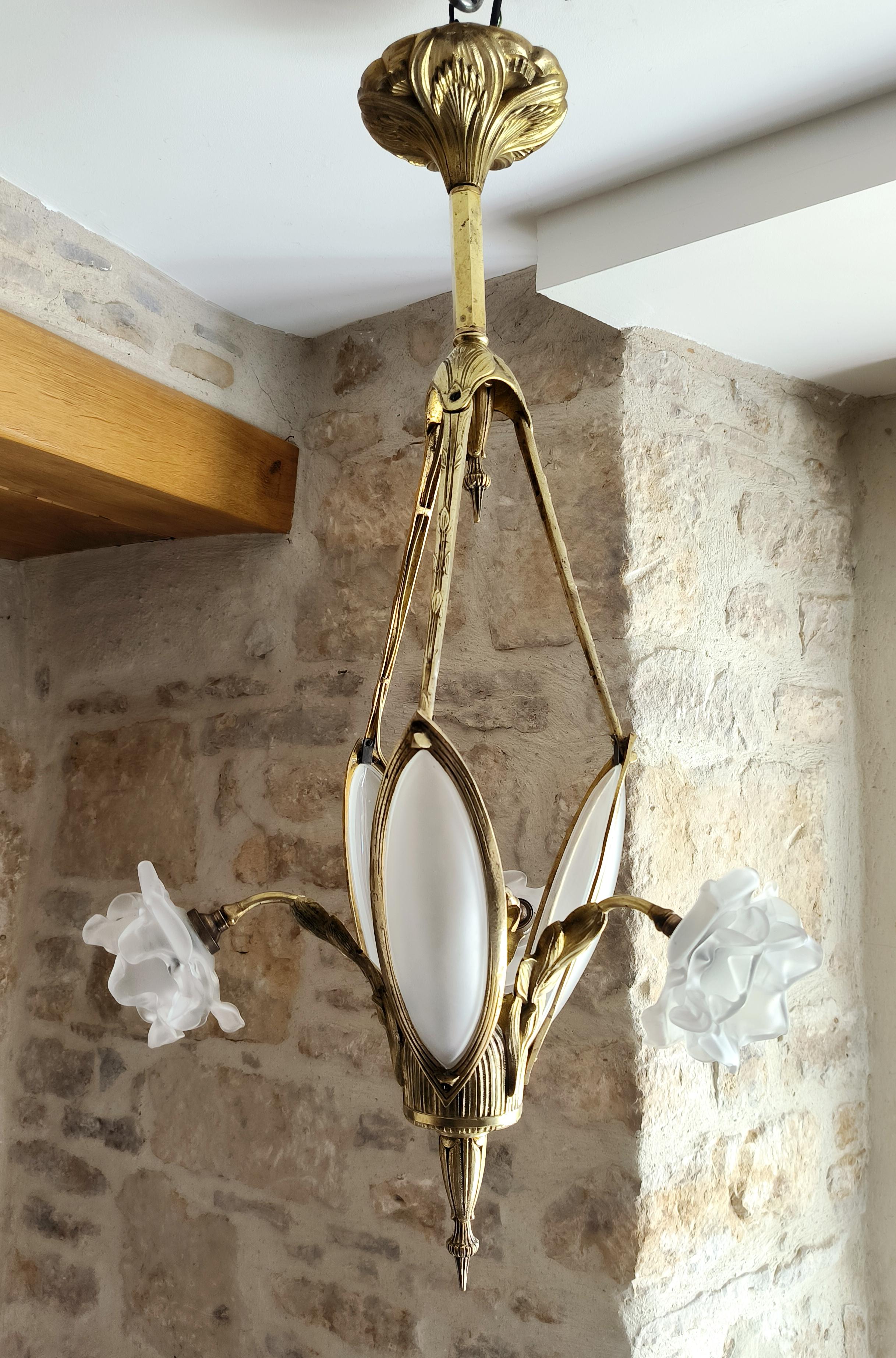 Rare, antique, French, Art Nouveau, bronze chandelier. Circa early 1900s For Sale 8