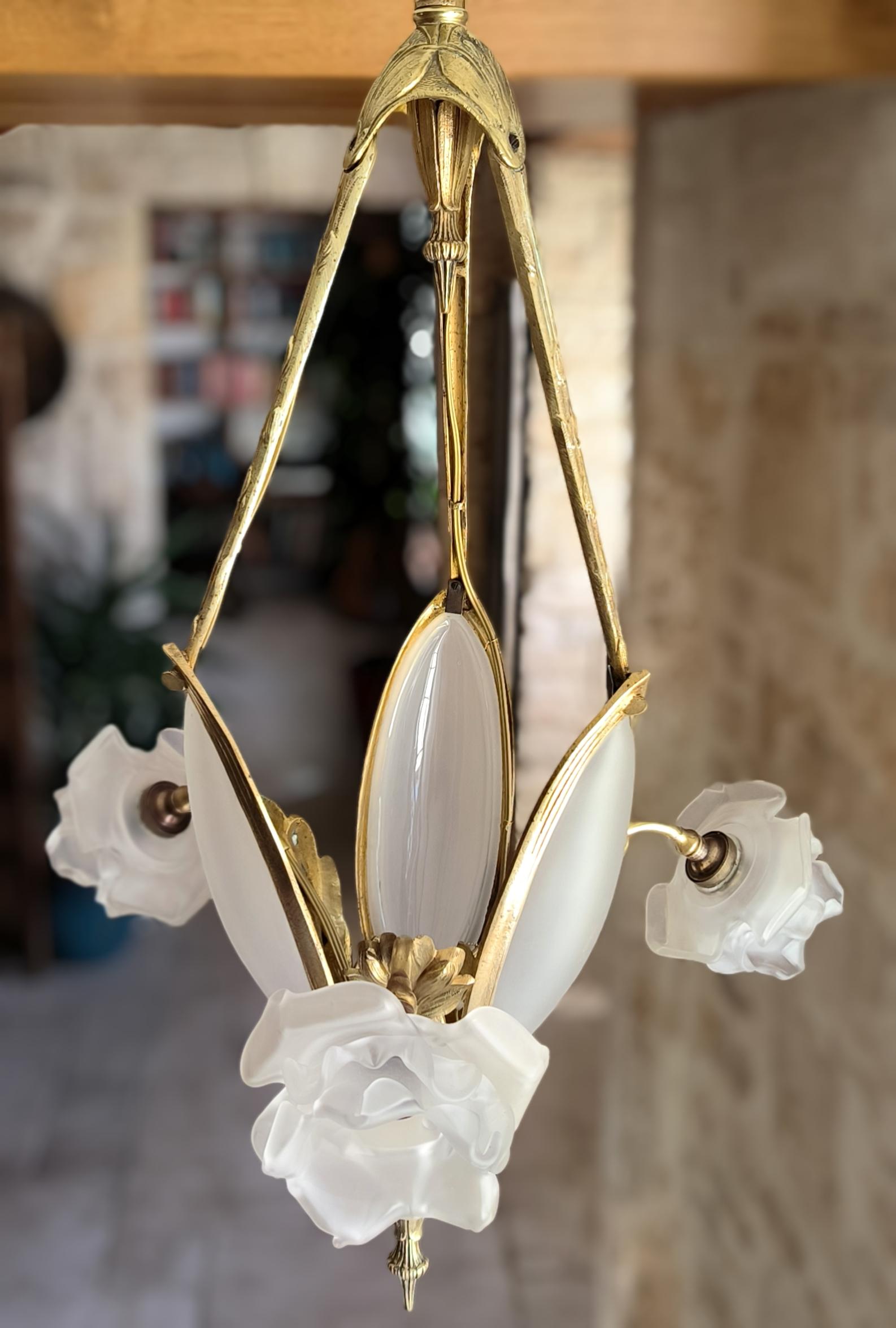 Rare, antique, French, Art Nouveau, bronze chandelier. Circa early 1900s For Sale 9