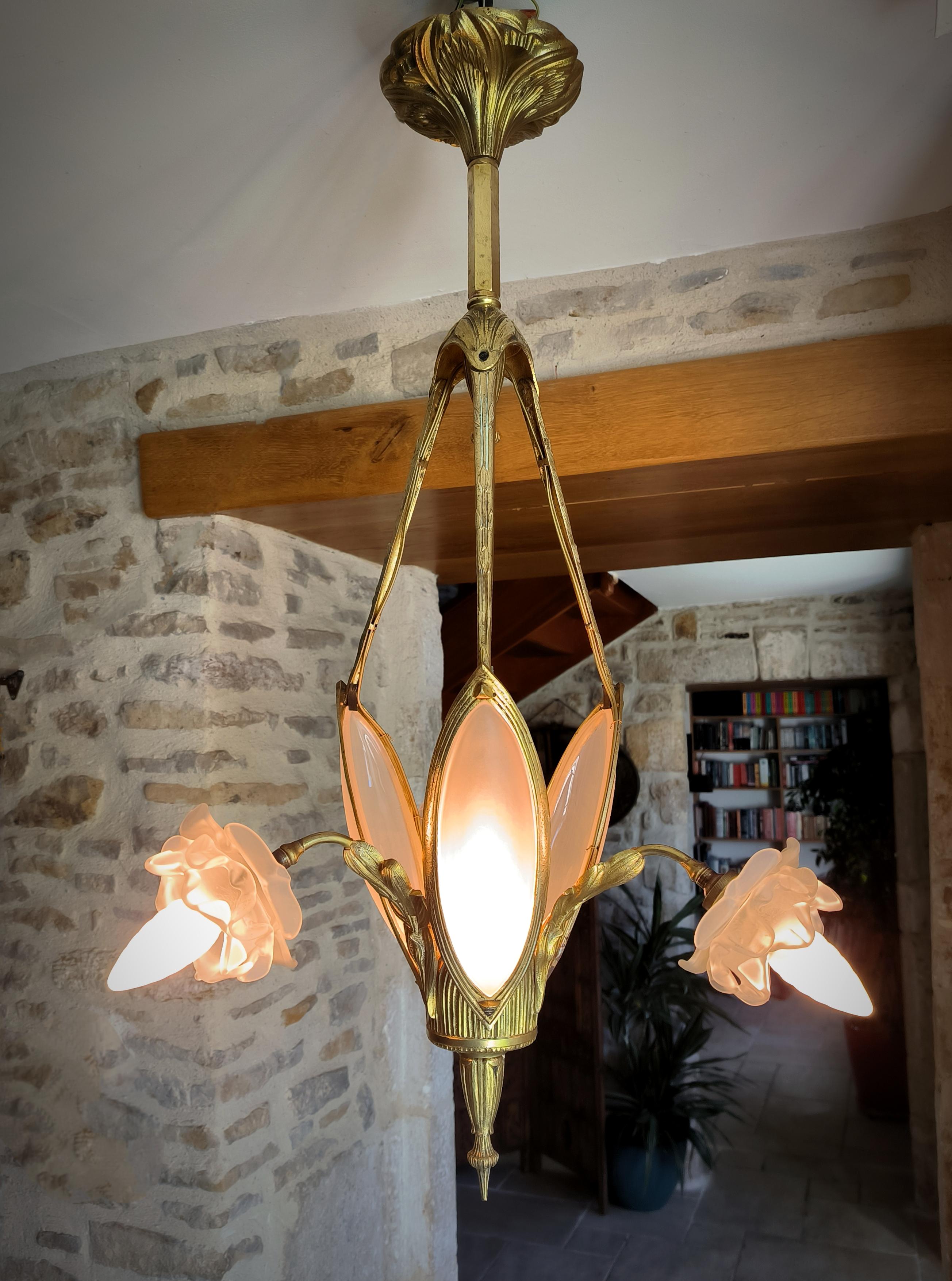 Sandblasted Rare, antique, French, Art Nouveau, bronze chandelier. Circa early 1900s For Sale
