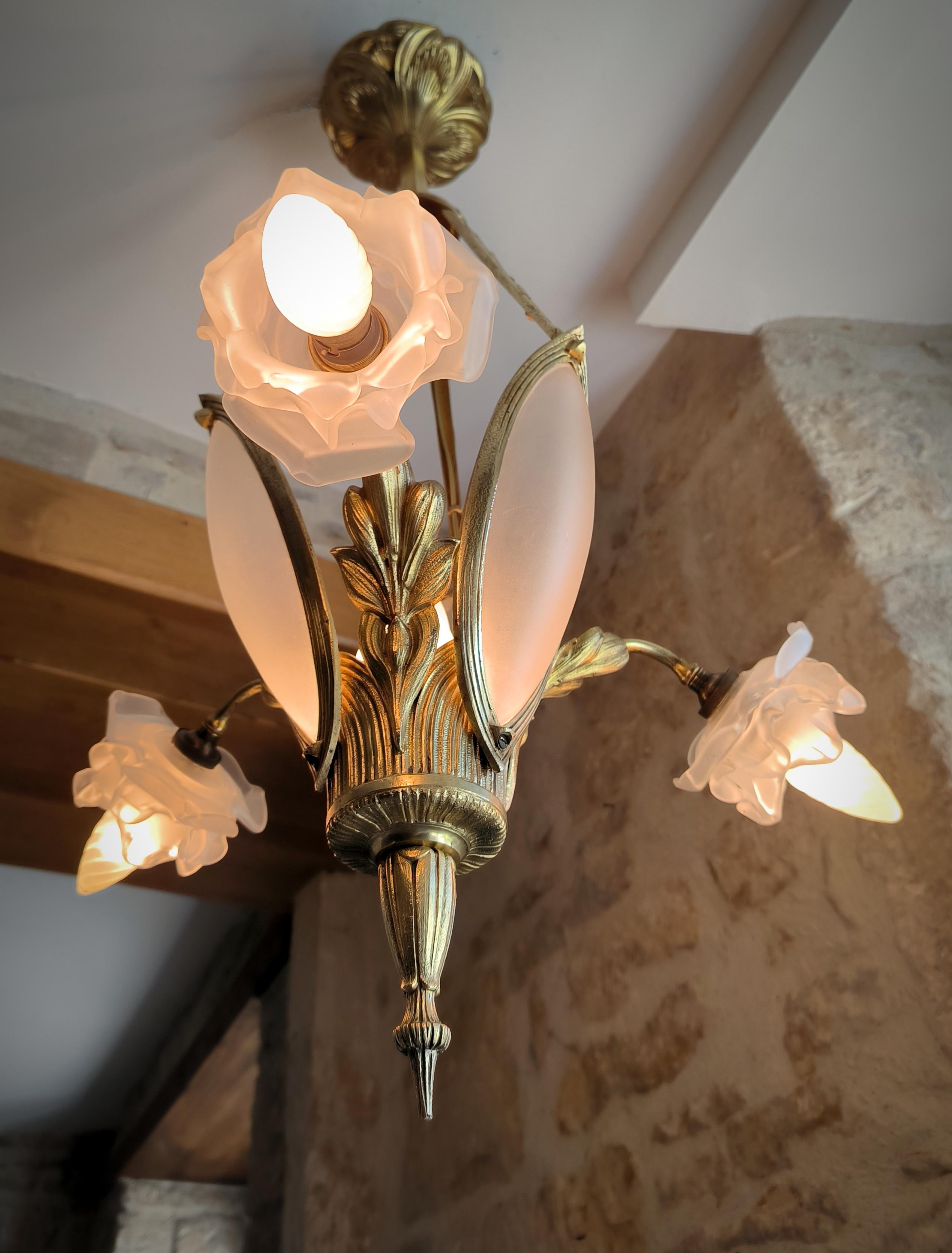Glass Rare, antique, French, Art Nouveau, bronze chandelier. Circa early 1900s For Sale