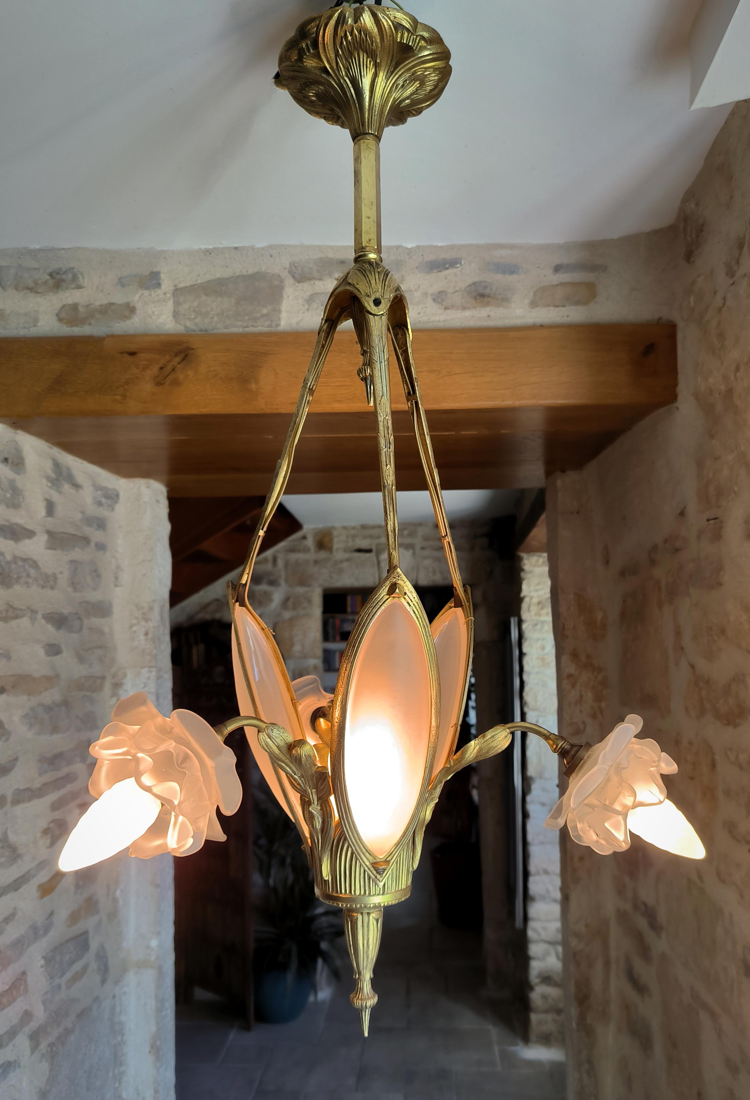 Rare, antique, French, Art Nouveau, bronze chandelier. Circa early 1900s For Sale 1