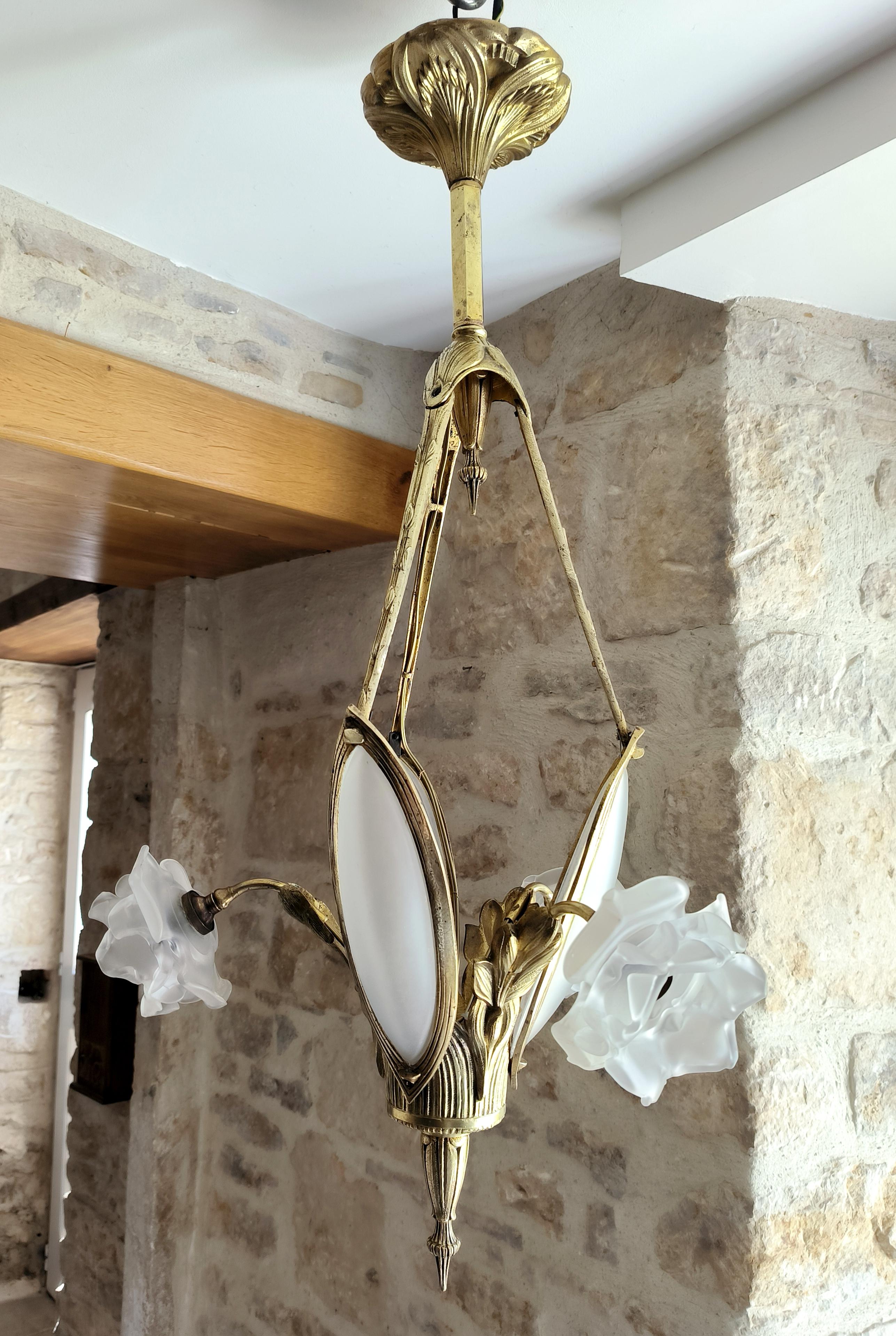 Rare, antique, French, Art Nouveau, bronze chandelier. Circa early 1900s For Sale 2