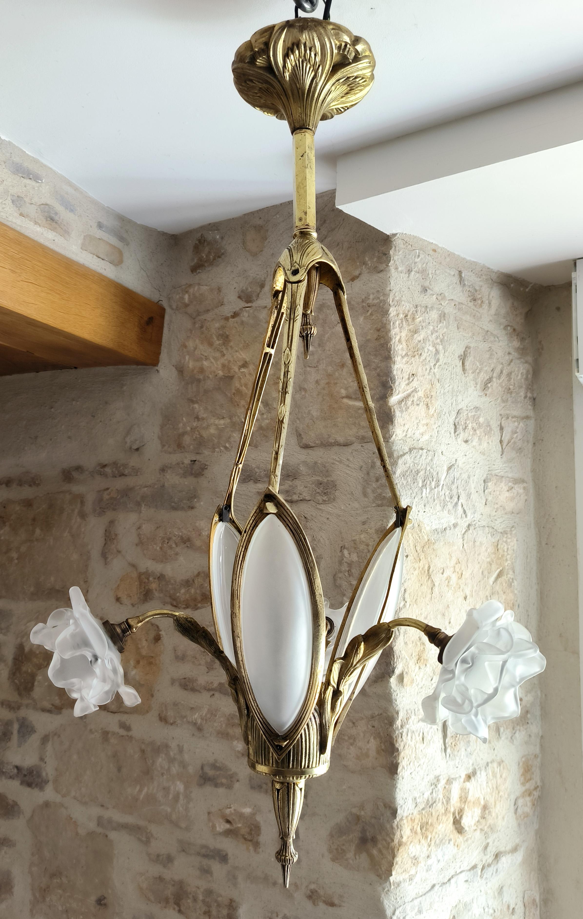 Rare, antique, French, Art Nouveau, bronze chandelier. Circa early 1900s For Sale 3