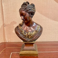 Antique French Art Nouveau Bronze Bust on Stand of a Young Woman, Circa 1890's.