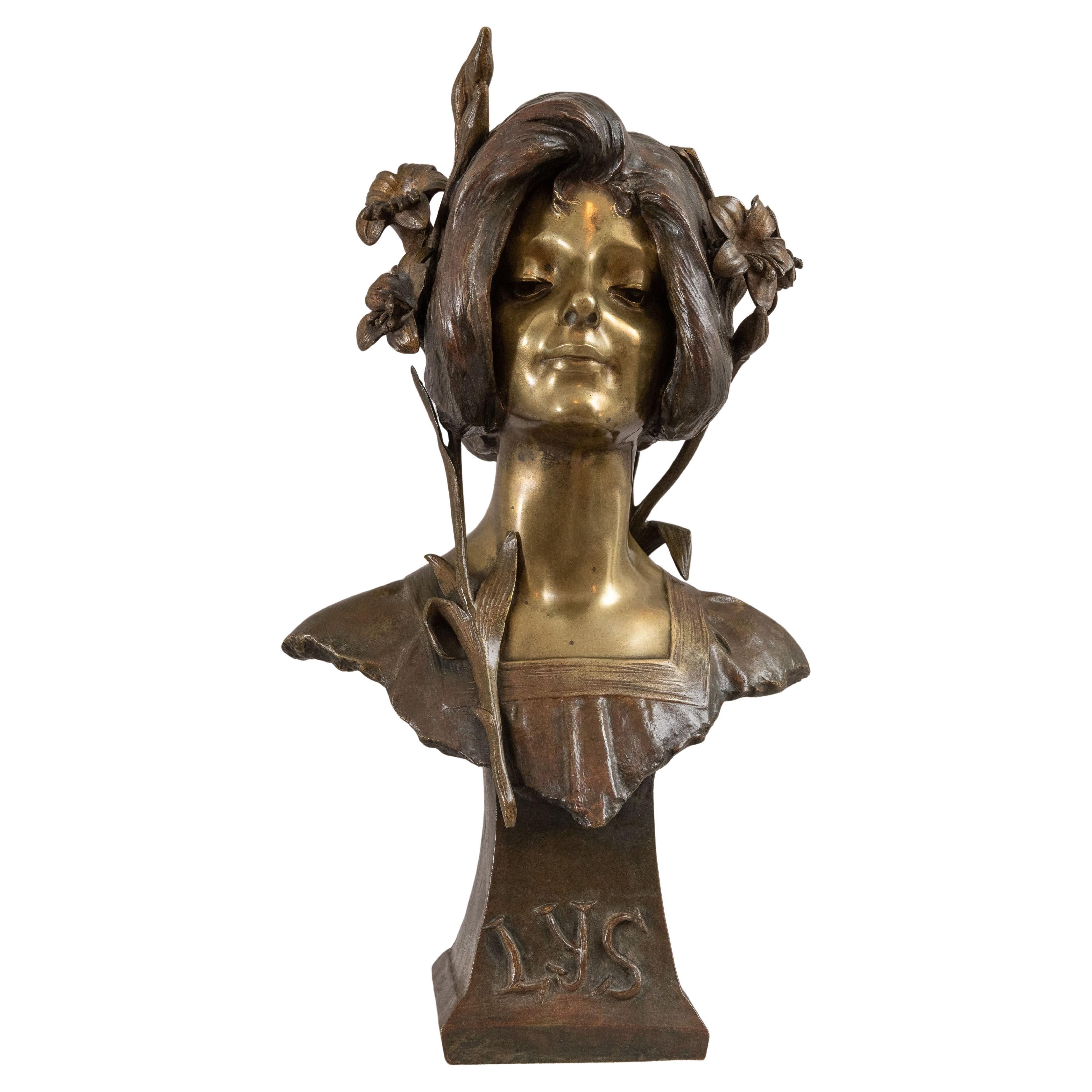 Antiguo busto francés Art Nouveau de bronce (titulado Lys) de Julien Caussé (1869-1914)