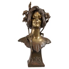 Antiguo busto francés Art Nouveau de bronce (titulado Lys) de Julien Caussé (1869-1914)