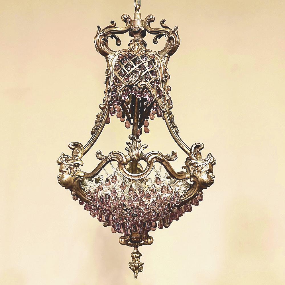 Antique French Art Nouveau Bronze & Crystal Chandelier For Sale 1