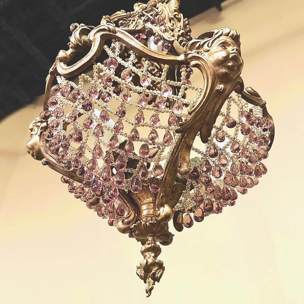 Antique French Art Nouveau Bronze & Crystal Chandelier For Sale 2
