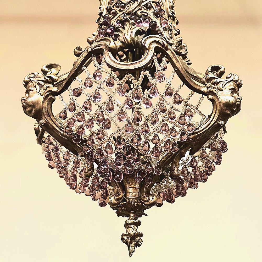 Antique French Art Nouveau Bronze & Crystal Chandelier For Sale 3