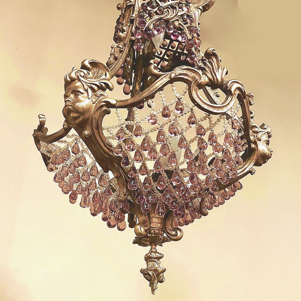 Antique French Art Nouveau Bronze & Crystal Chandelier For Sale 4