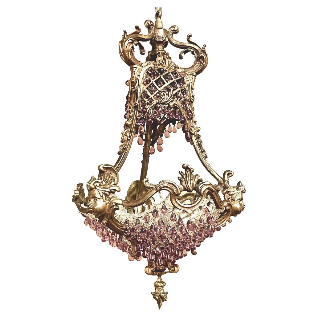 Antique French Art Nouveau Bronze & Crystal Chandelier For Sale