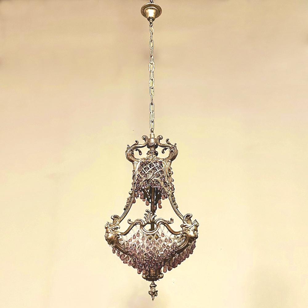 Hand-Crafted Antique French Art Nouveau Bronze & Crystal Chandelier For Sale