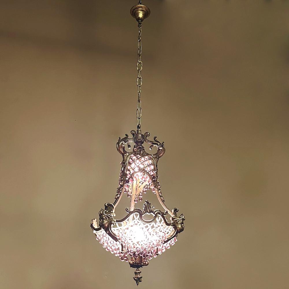 Antique French Art Nouveau Bronze & Crystal Chandelier In Good Condition For Sale In Dallas, TX