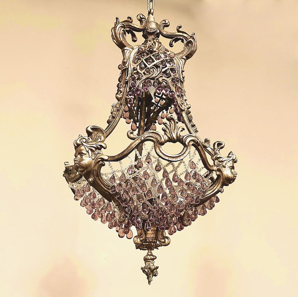 20th Century Antique French Art Nouveau Bronze & Crystal Chandelier For Sale