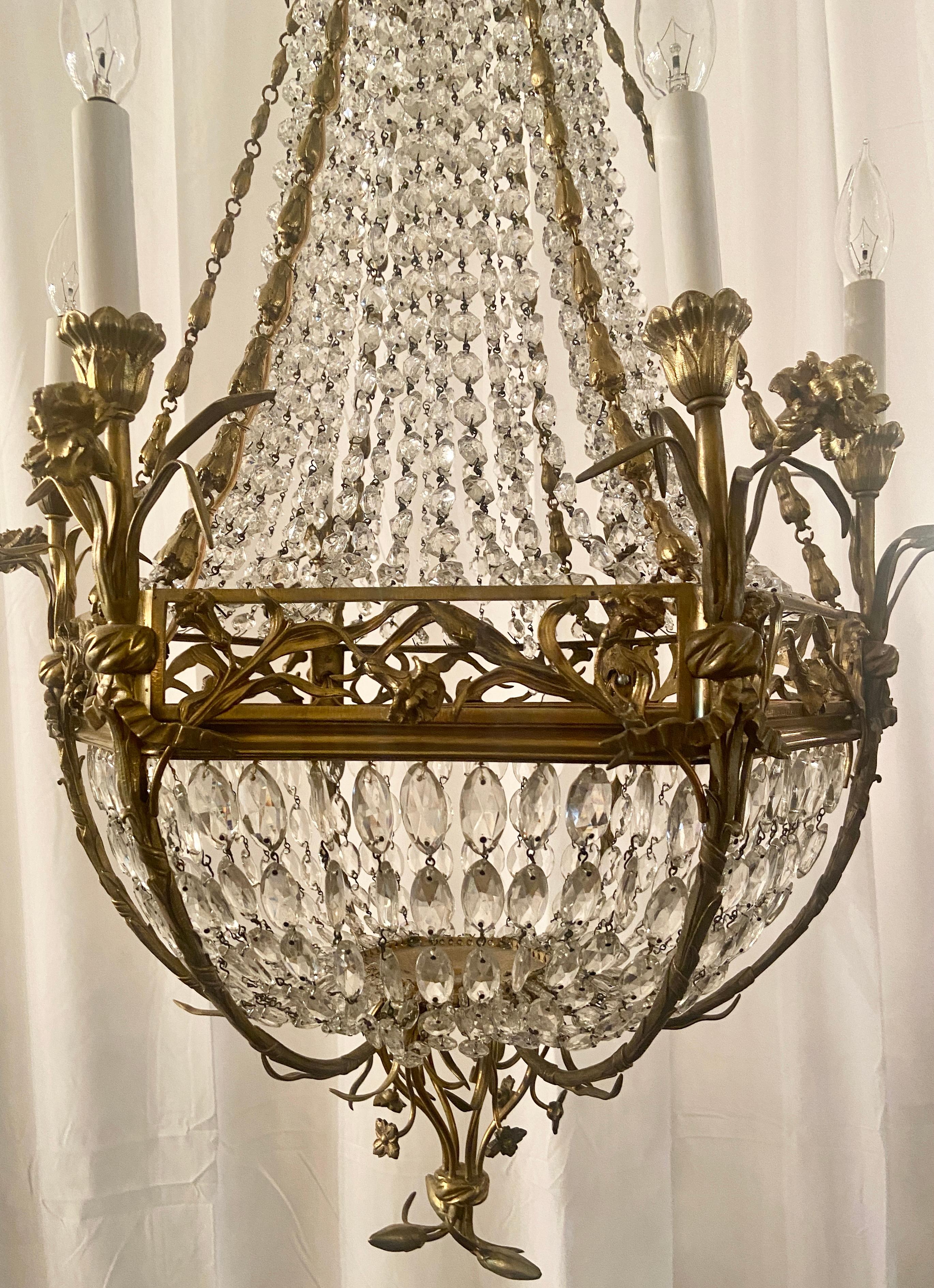 20th Century Antique French Art Nouveau Bronze D' Ore & Crystal Chandelier, Circa 1910-1920.