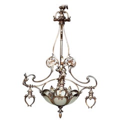 Antique French Art Nouveau Bronze Dore Chandelier with Glass Panels