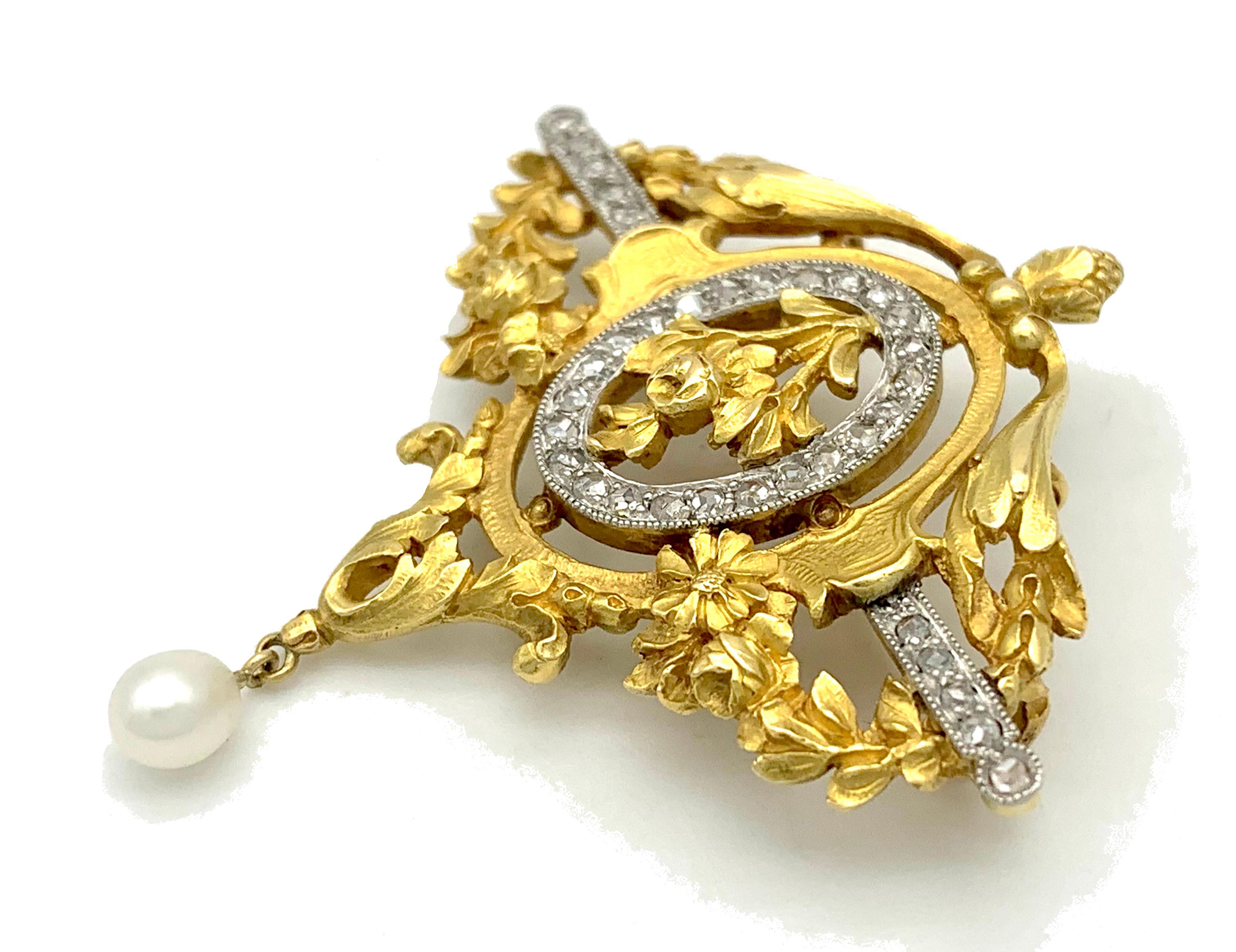 Rose Cut Antique French Art Nouveau Brooch Pendant 18 Karat Gold Platinum Diamonds Pearl For Sale