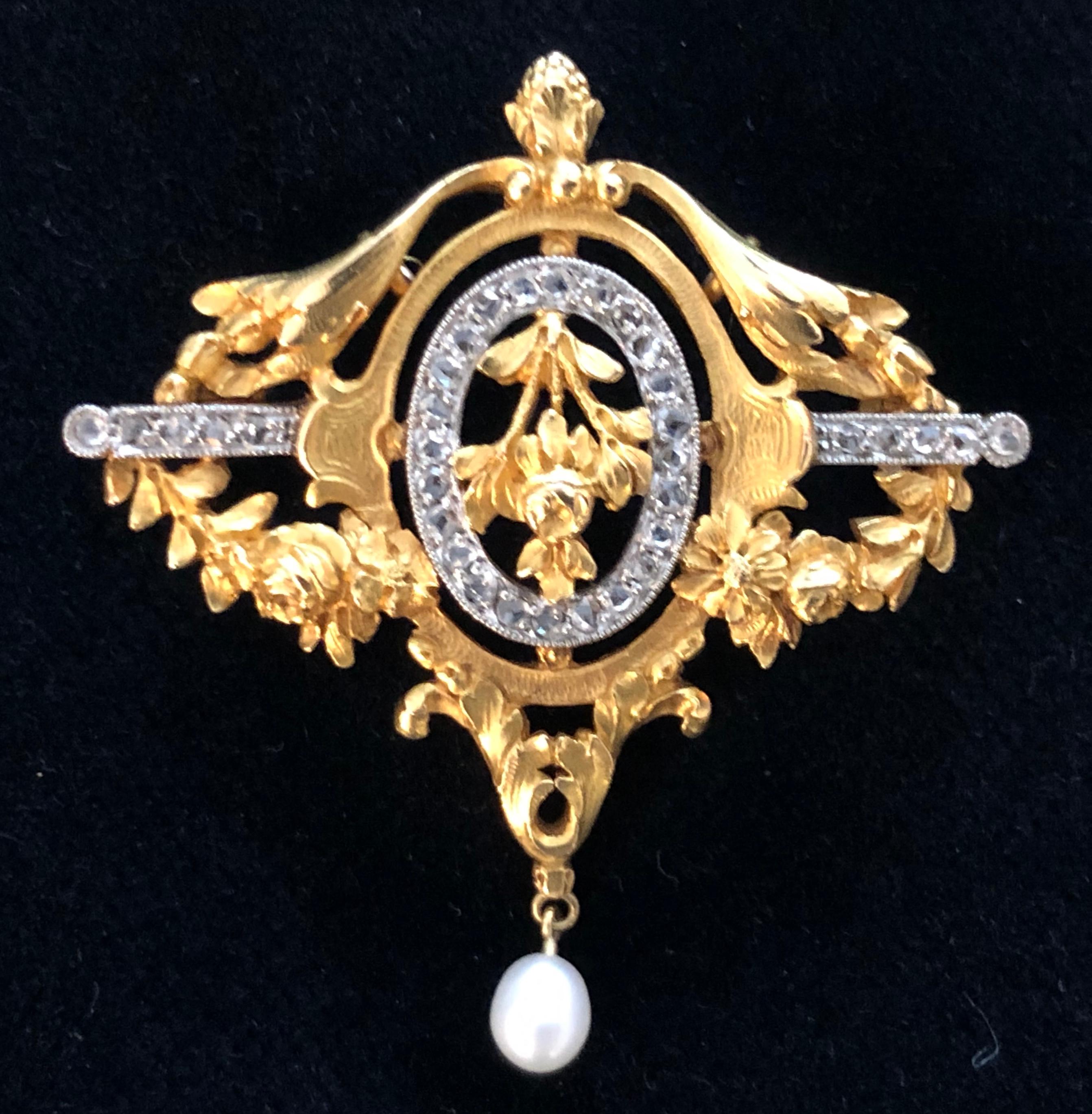 Antique French Art Nouveau Brooch Pendant 18 Karat Gold Platinum Diamonds Pearl For Sale 1