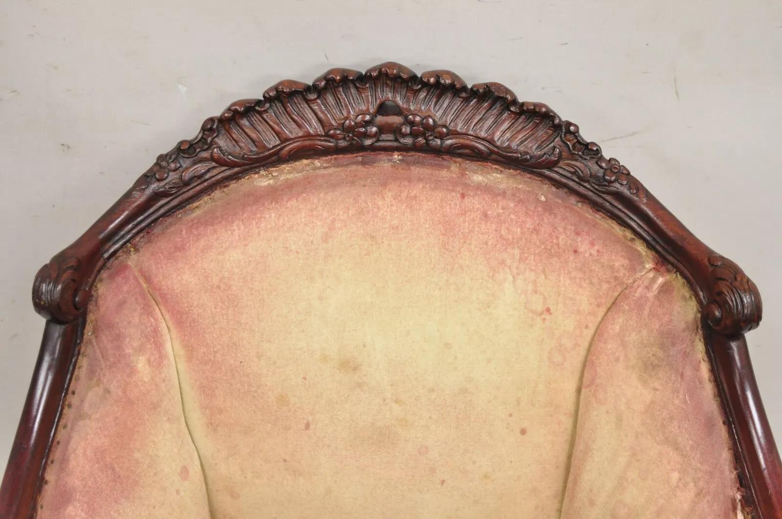 Antique French Art Nouveau Carved Mahogany Bergere Club Lounge Arm Chair 6
