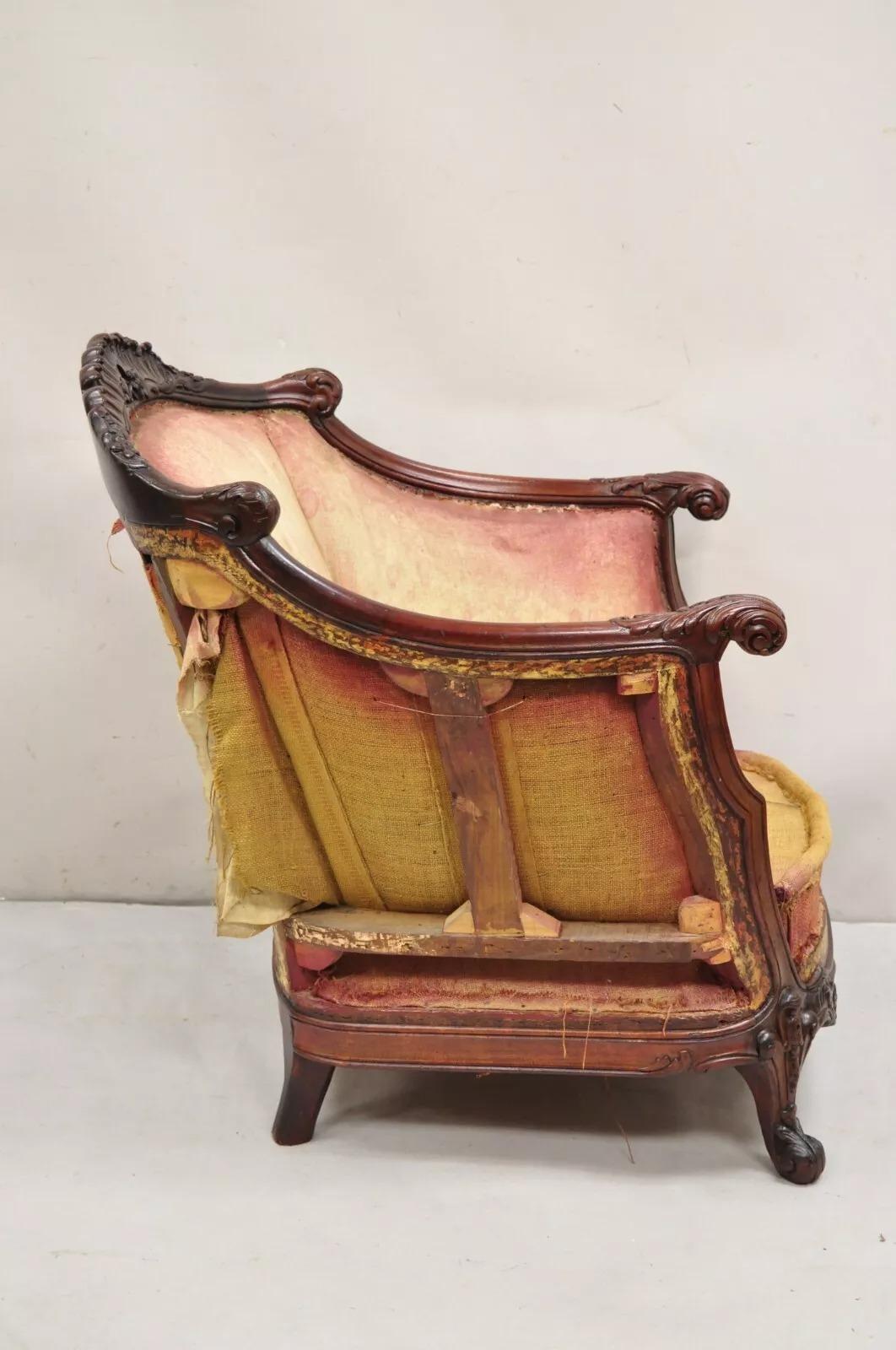 Antique French Art Nouveau Carved Mahogany Bergere Club Lounge Arm Chair 7