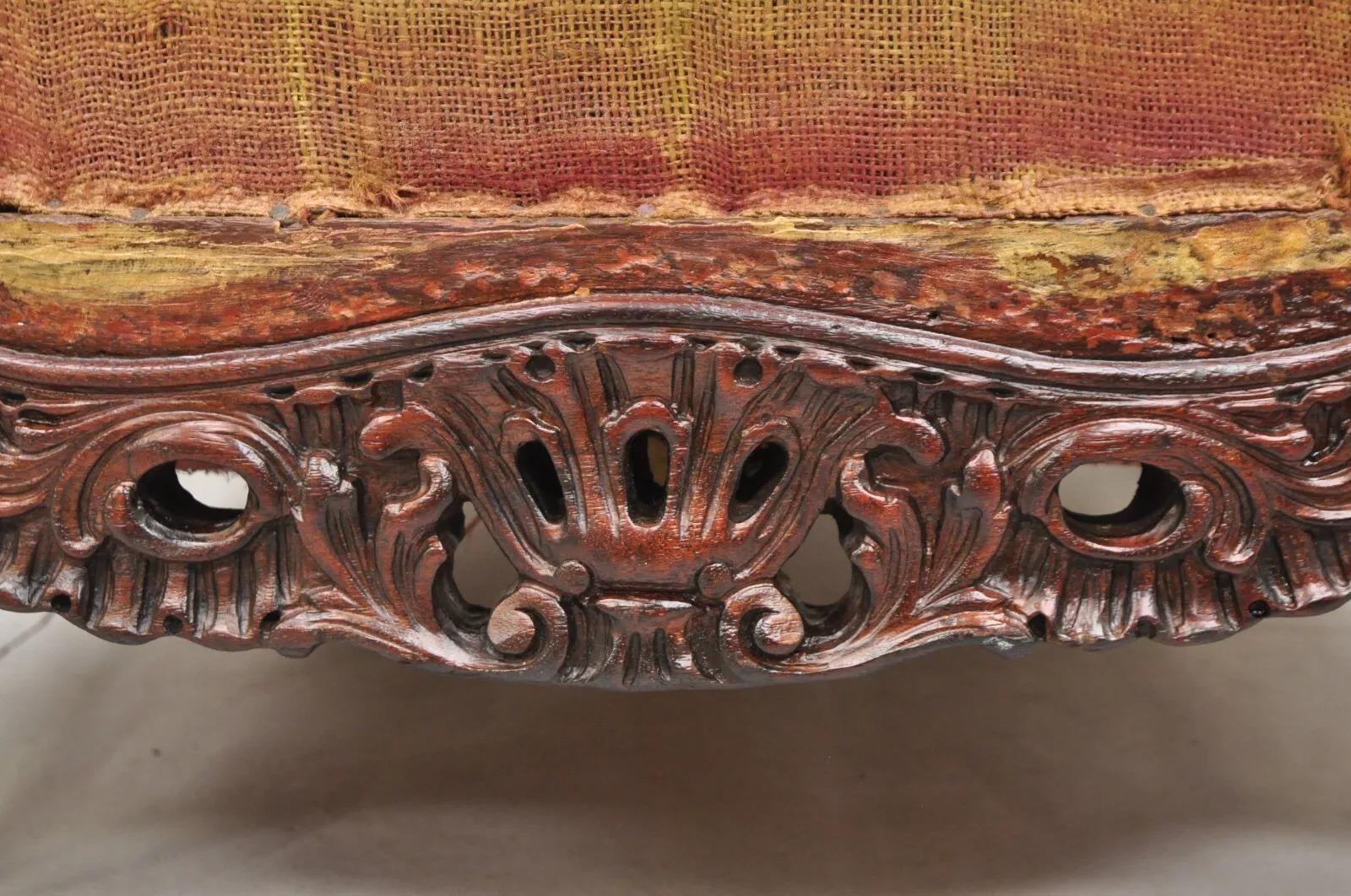 Antique French Art Nouveau Carved Mahogany Bergere Club Lounge Arm Chair In Good Condition In Philadelphia, PA
