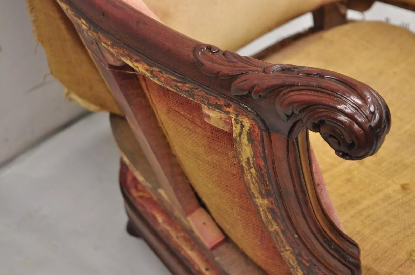 Antique French Art Nouveau Carved Mahogany Bergere Club Lounge Arm Chair 1