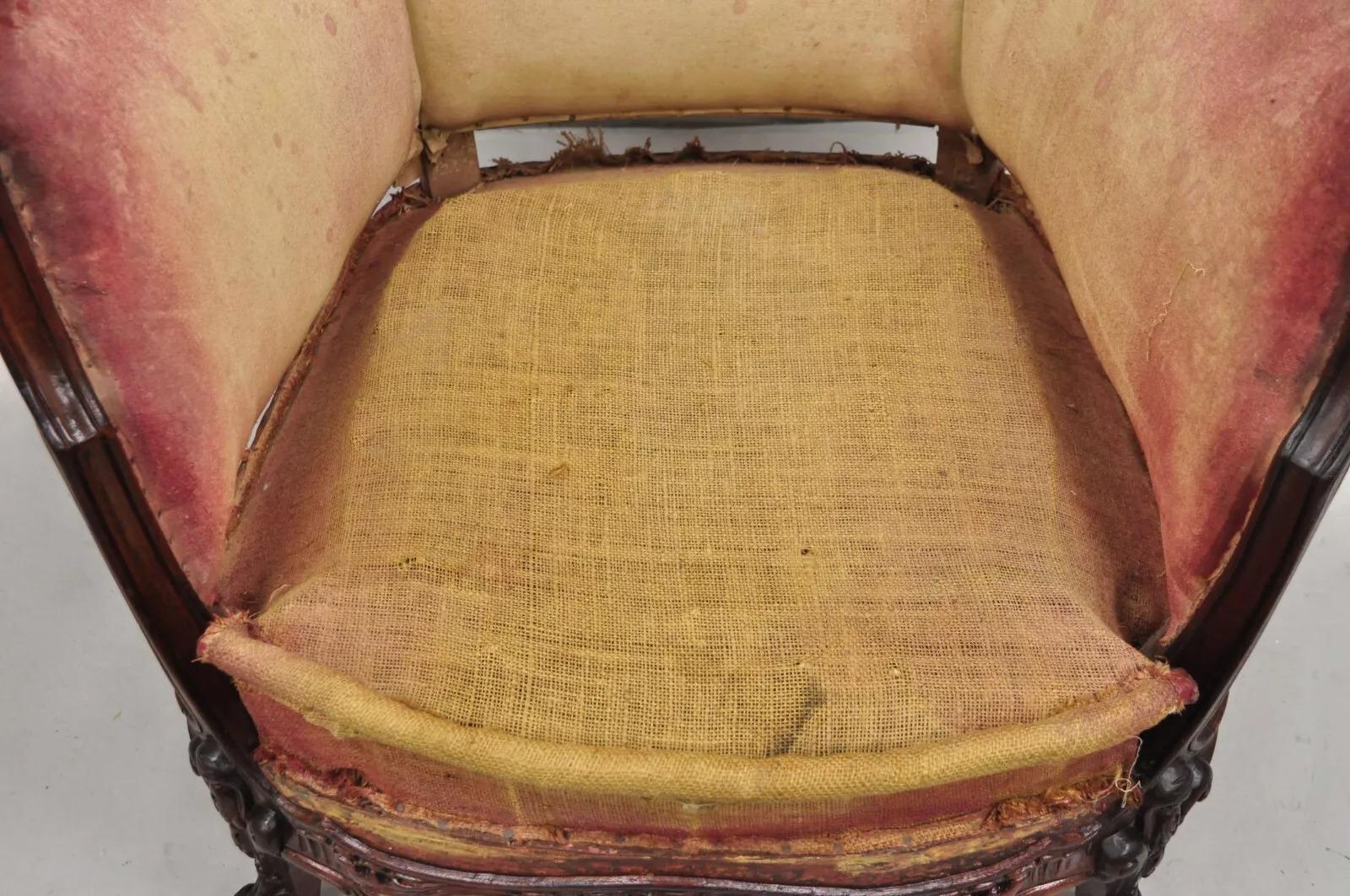Antique French Art Nouveau Carved Mahogany Bergere Club Lounge Arm Chair 3