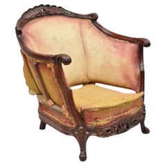 Antique French Art Nouveau Carved Mahogany Bergere Club Lounge Arm Chair