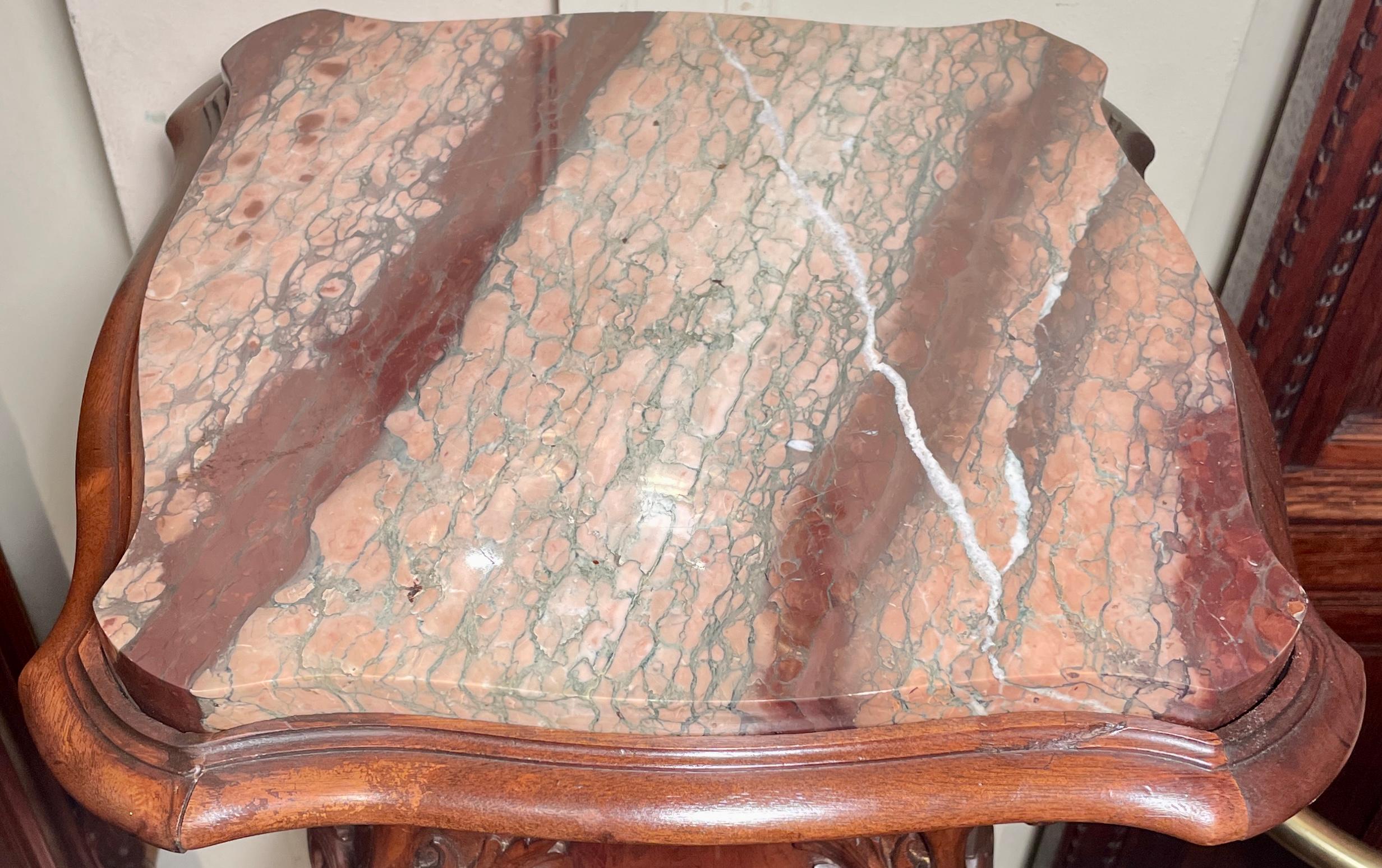 19th Century Antique French Art Nouveau Carved Walnut Marble Top Pedestal, Circa 1890. For Sale