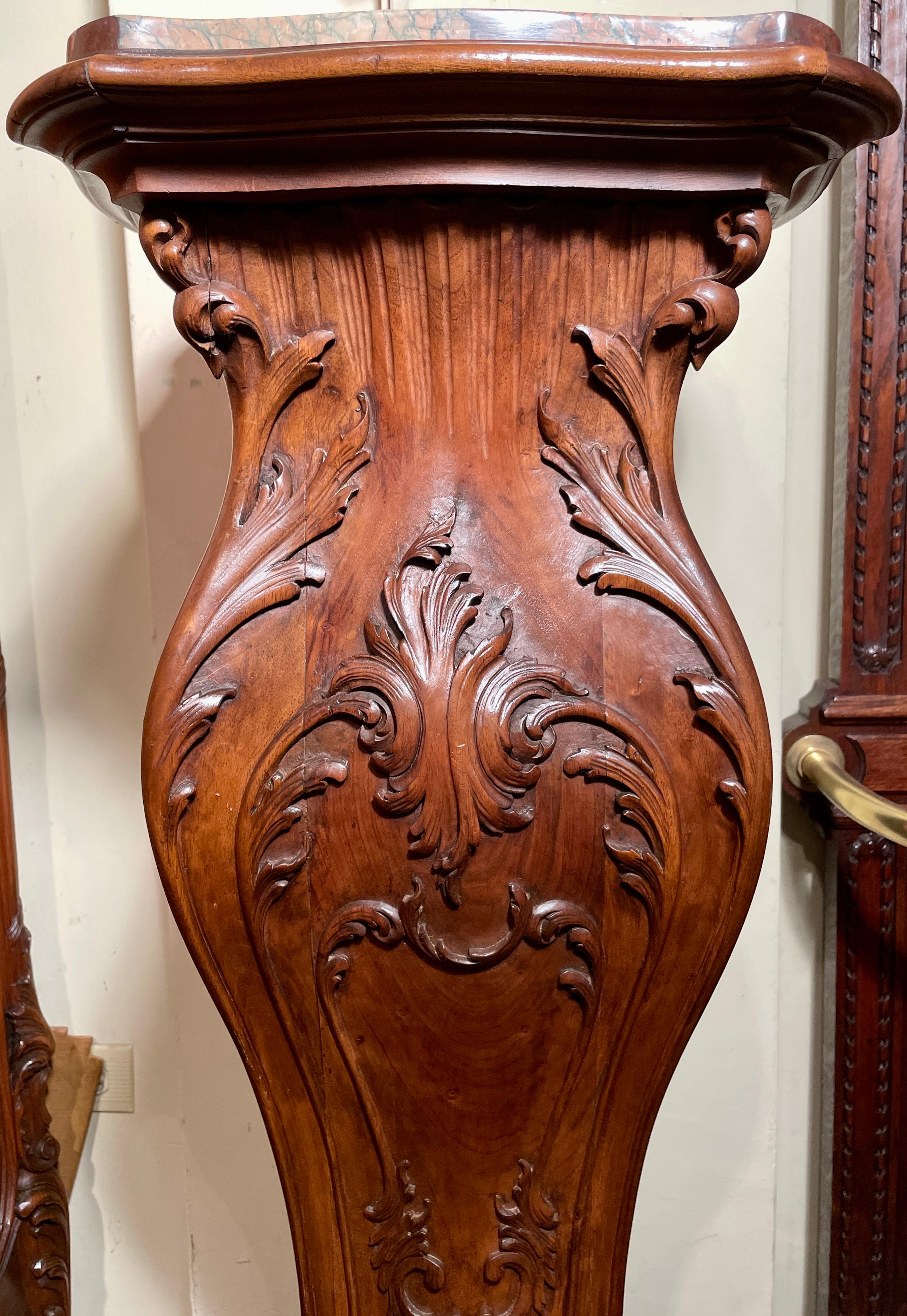 Antique French Art Nouveau Carved Walnut Marble Top Pedestal, Circa 1890. For Sale 1