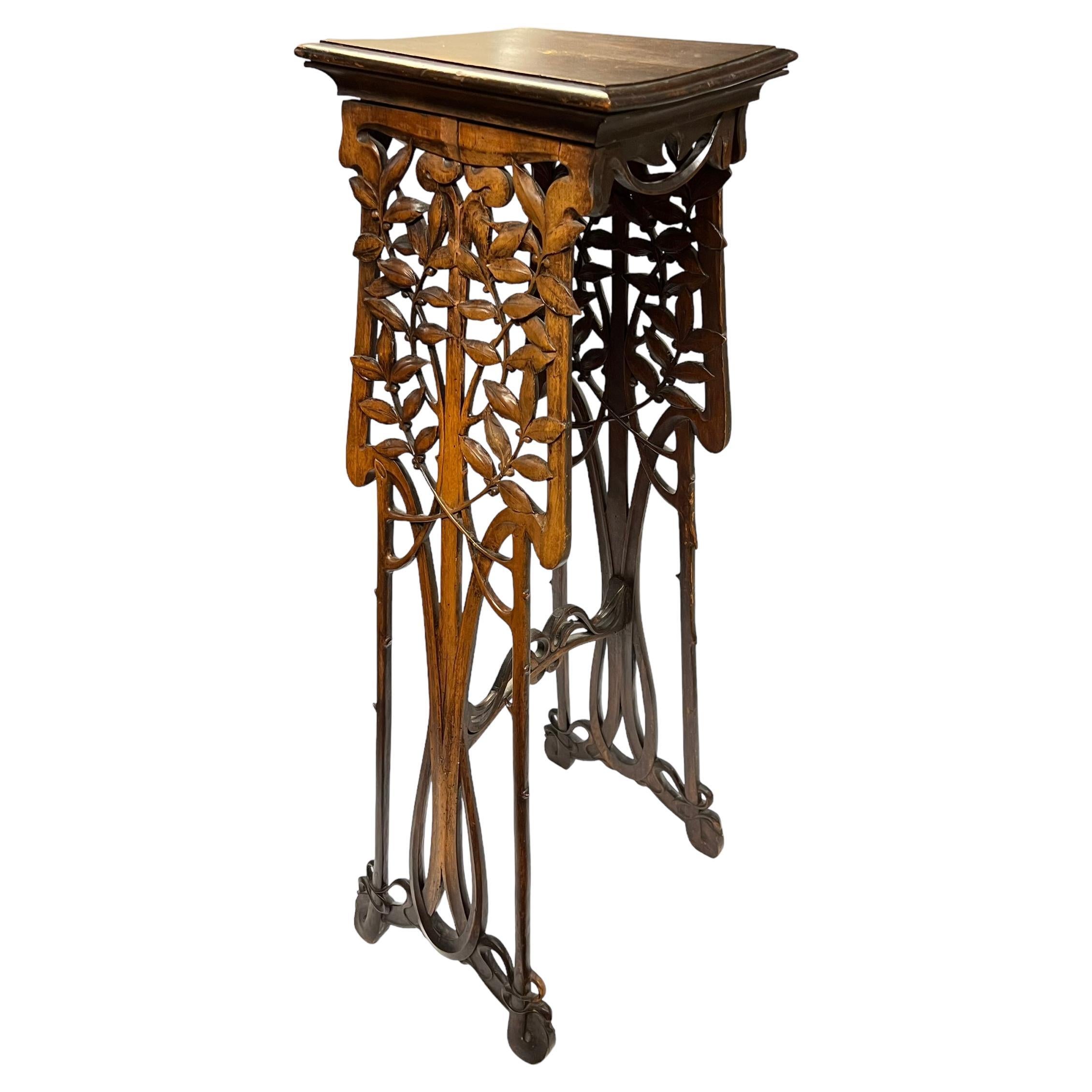 Antique French Art Nouveau Carved Wooden Plant Stand For Sale
