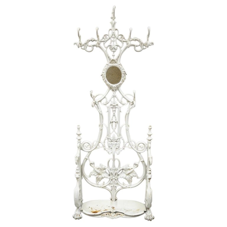 Antique French Art Nouveau Cast Iron Hall Tree Mirror Stand attr Alfred