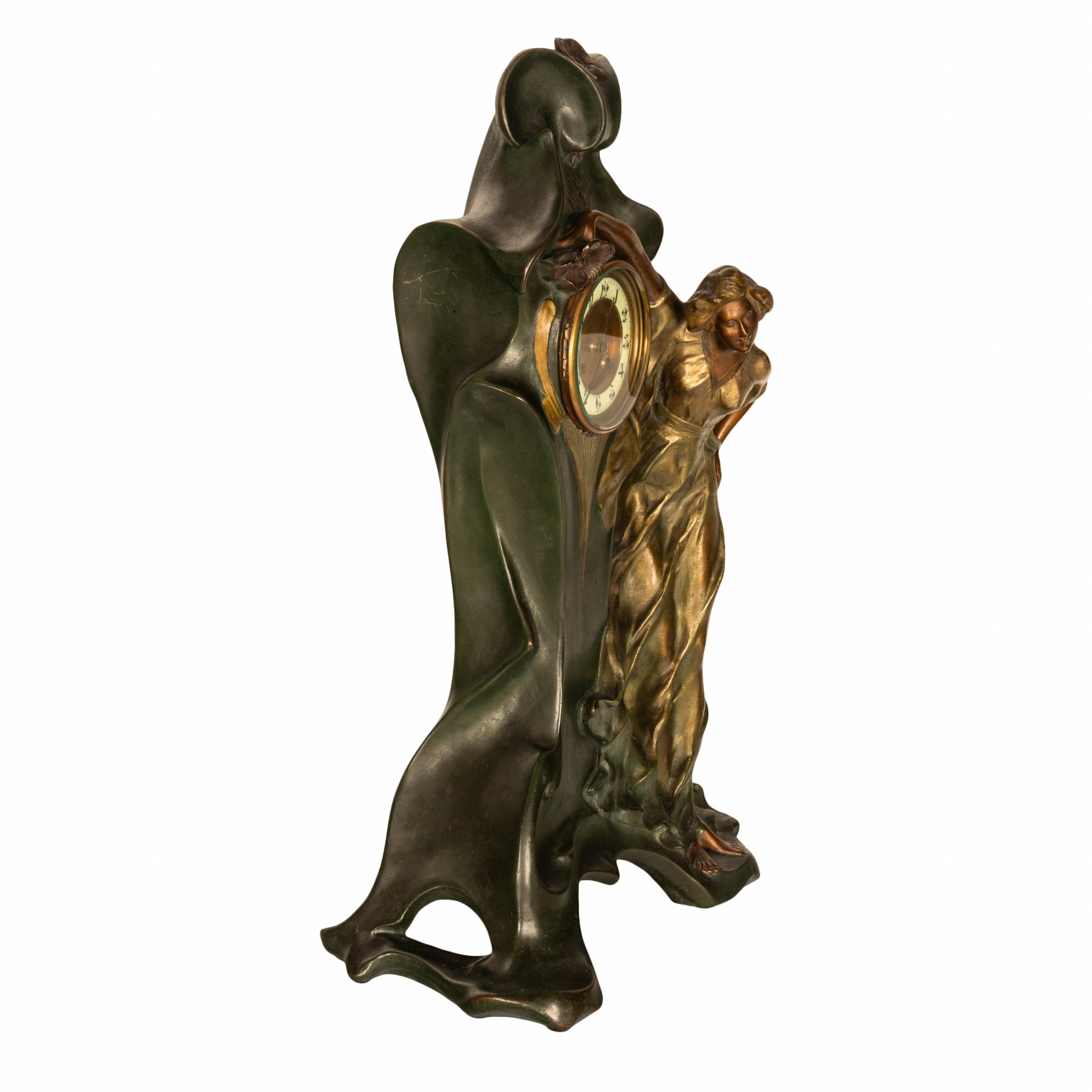 Antique French Art Nouveau Cold-Painted Bronze Figural Statue 8 Day Clock 1900 For Sale 8
