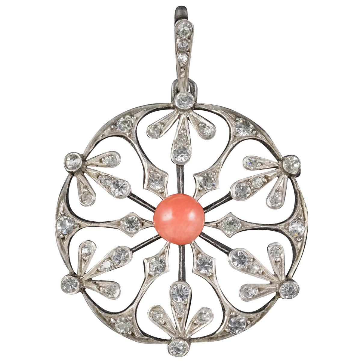 Antique French Art Nouveau Coral Snowflake Pendant Silver, circa 1900