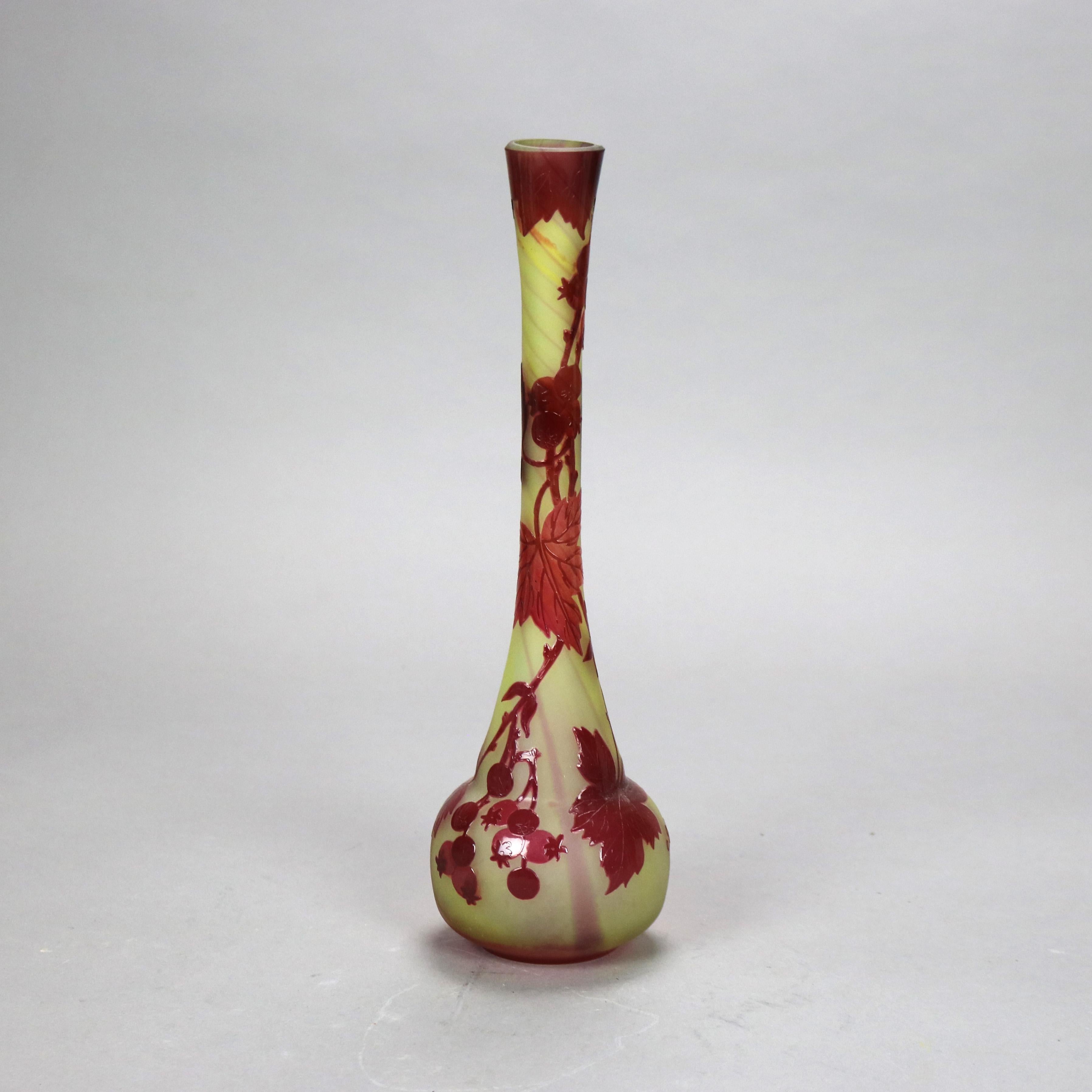 20th Century Antique French Art Nouveau Cut Back Flower Art Glass Vase Signed Galle C1920 For Sale