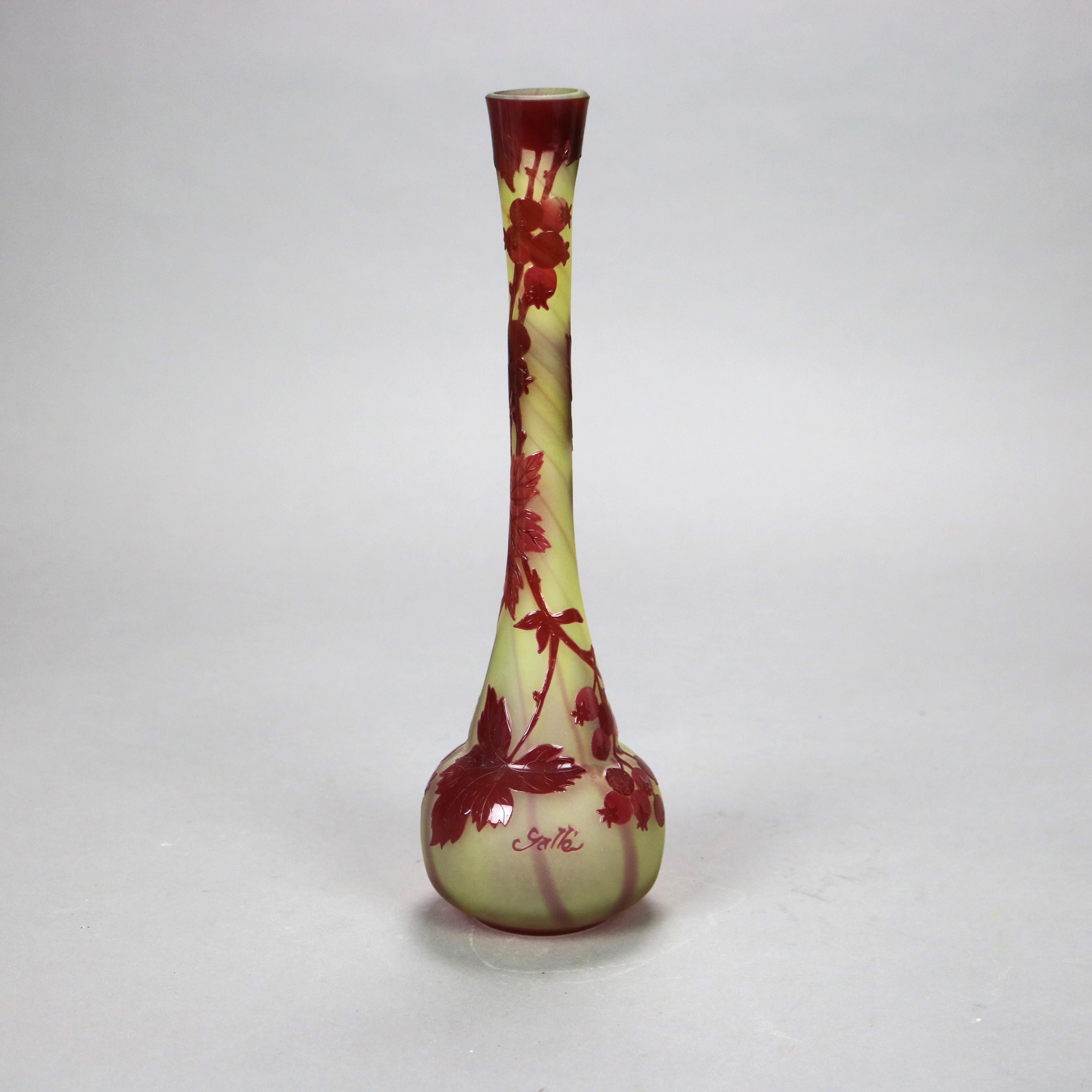 Antique French Art Nouveau Cut Back Flower Art Glass Vase Signed Galle C1920 For Sale 1