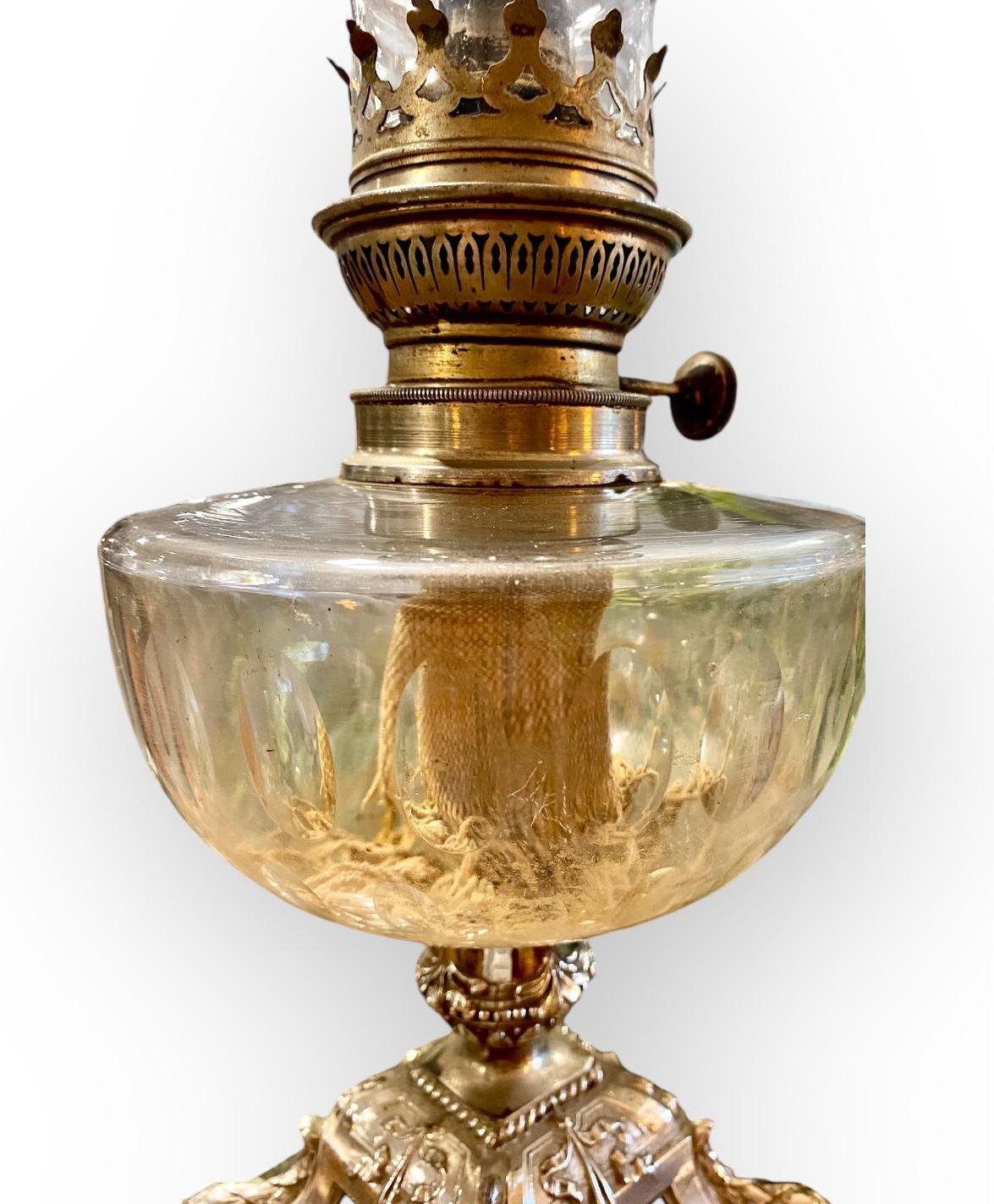 Francese Antique French Art Nouveau Cut Glass and Silvered Spelter Oil Lamp in vendita